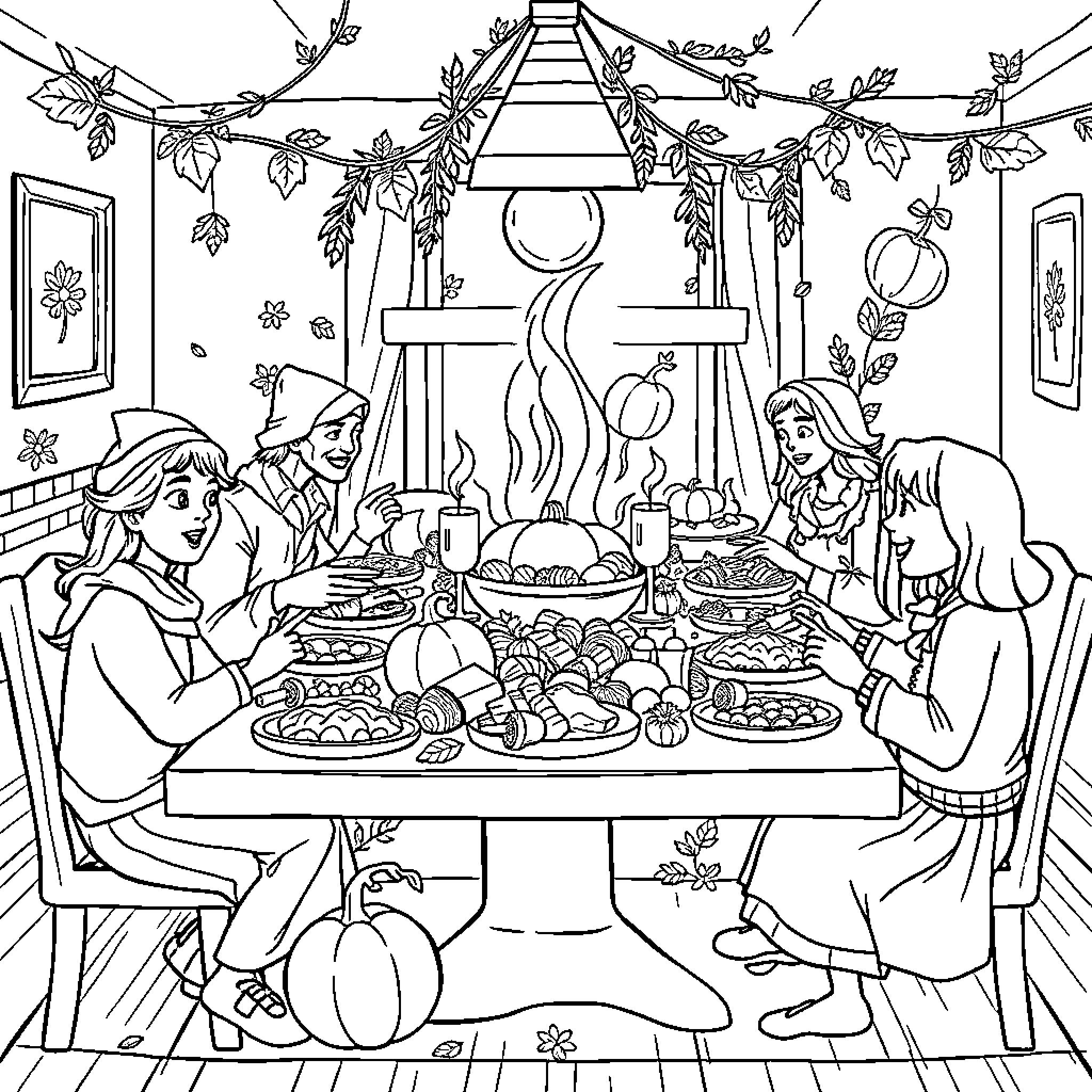 Thanksgiving Family Gathering with Festive Decor Coloring Page (free black-and-white line drawing printable PDF for all, from beginners to advanced learners, including children, teens, adults, and seniors)