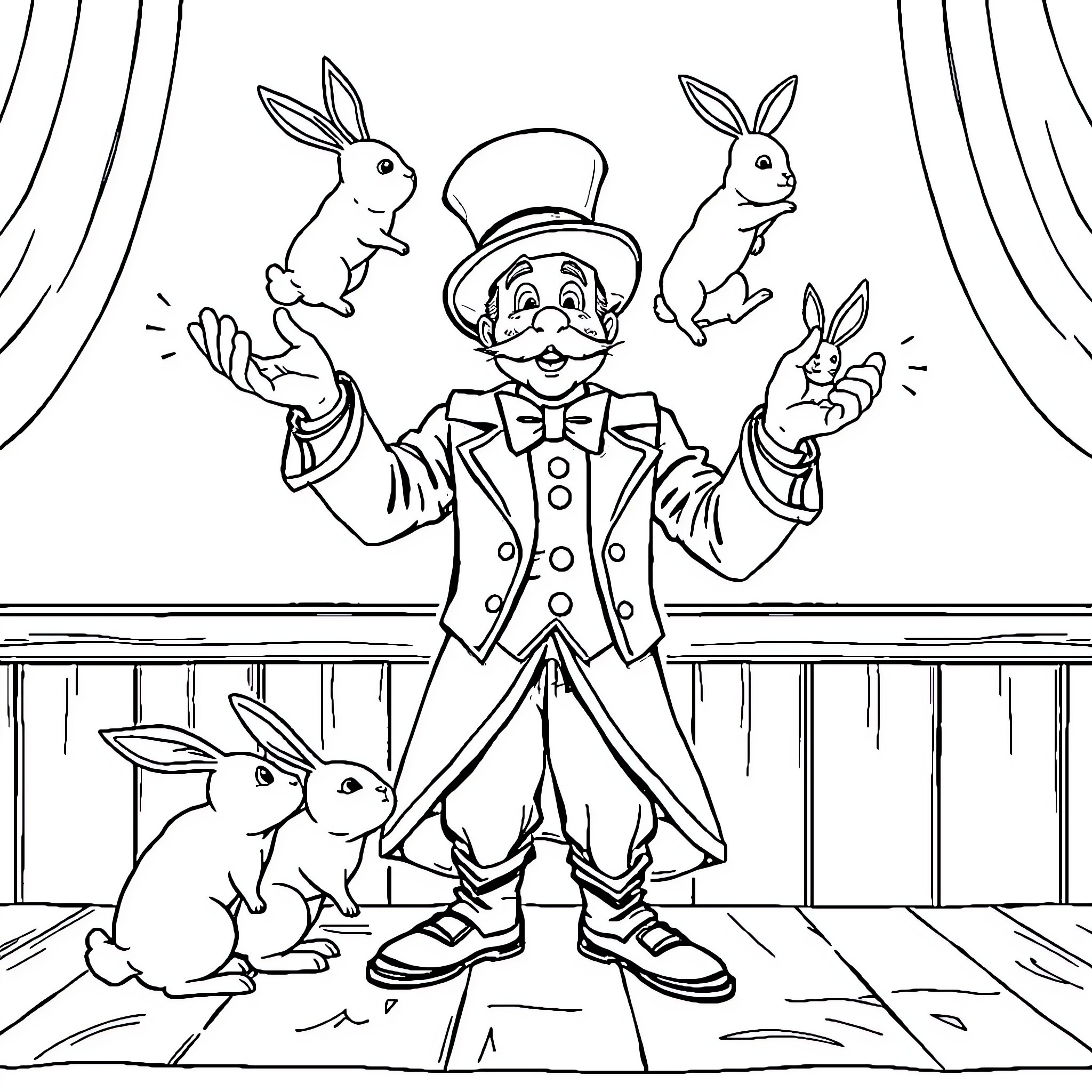 Magician performing tricks with rabbits on stage Coloring Page (free black-and-white line drawing printable PDF for all, from beginners to advanced learners, including children, teens, adults, and seniors)