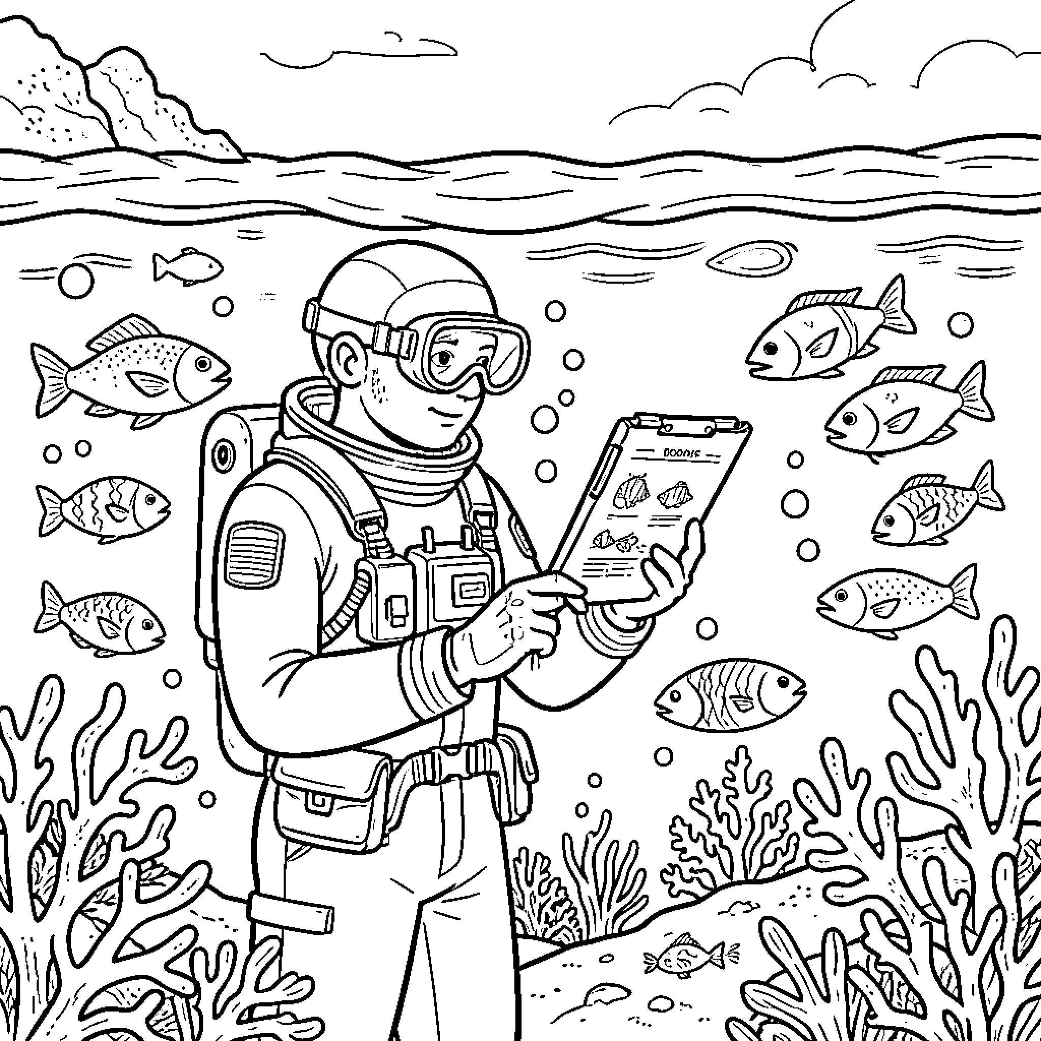 Oceanologist exploring the underwater world Coloring Page (free black-and-white line drawing printable PDF for all, from beginners to advanced learners, including children, teens, adults, and seniors)
