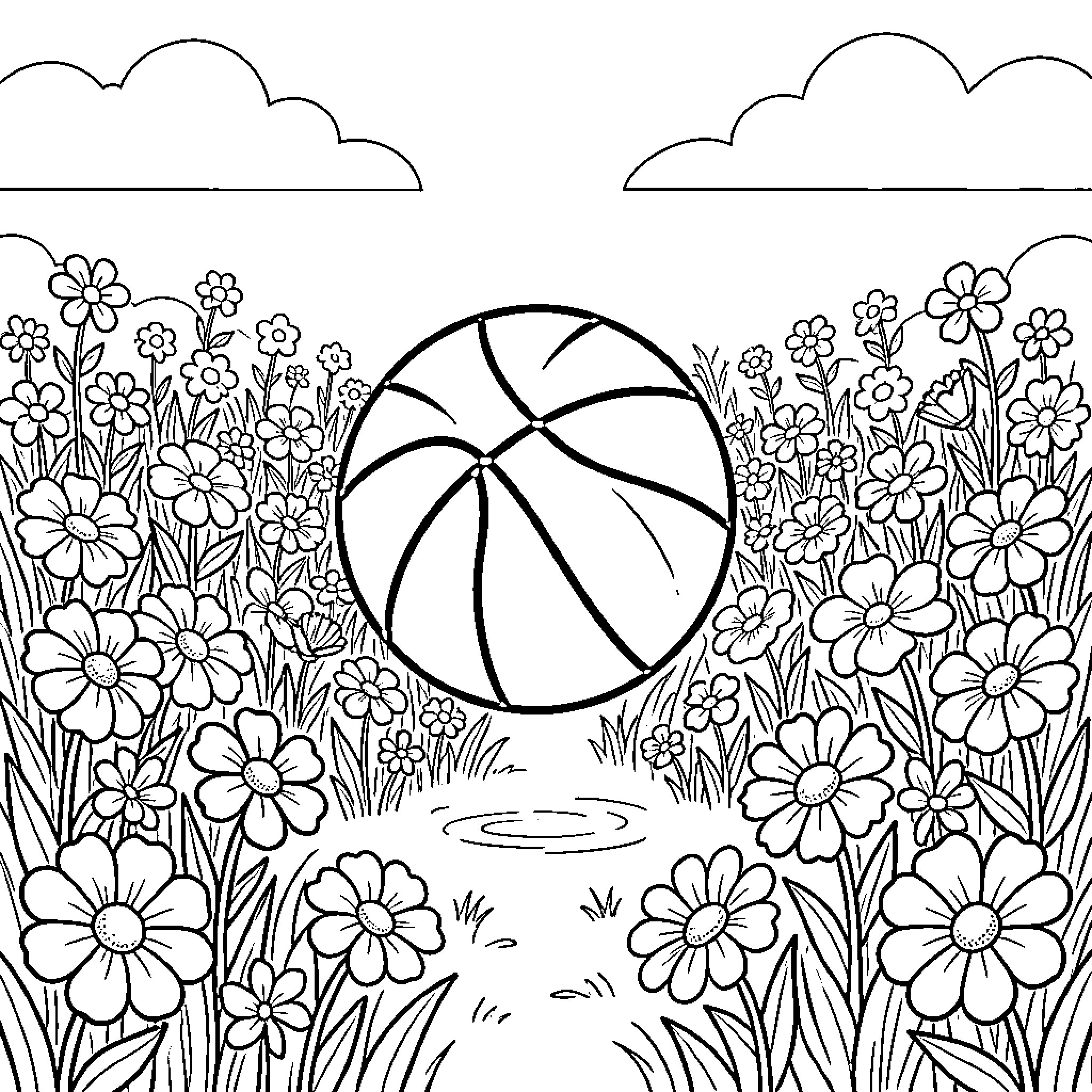 Basketball in a Floral Field Coloring Page (free black-and-white line drawing printable PDF for all, from beginners to advanced learners, including children, teens, adults, and seniors)