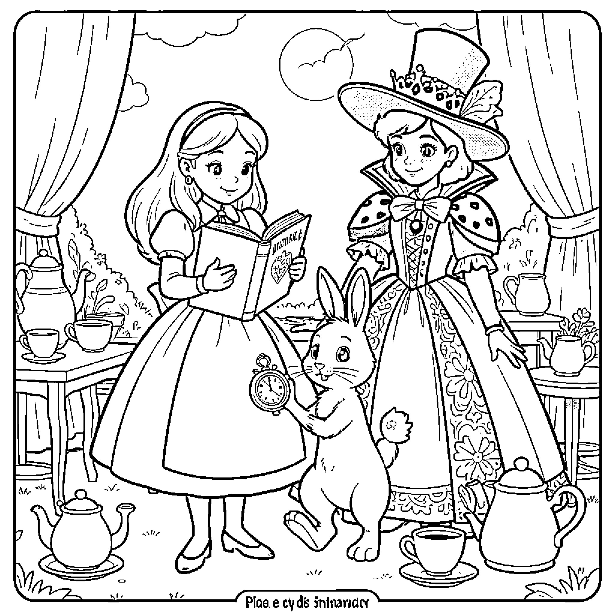 Alicia's Adventures with the Mad Hatter Coloring Page (free black-and-white line drawing printable PDF for all, from beginners to advanced learners, including children, teens, adults, and seniors)