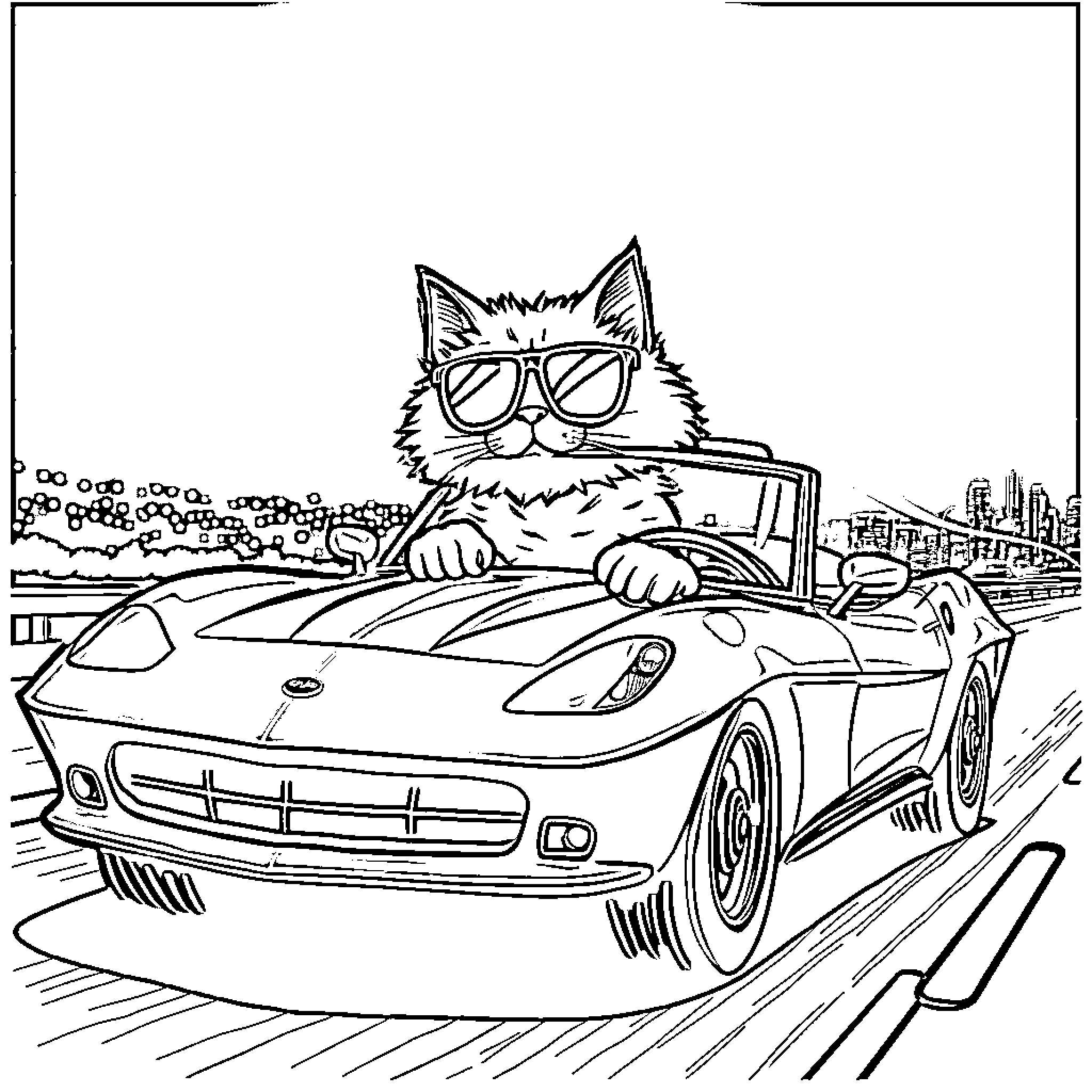 Cat in Stylish Shades Driving Sleek Sports Car Coloring Page (free black-and-white line drawing printable PDF for all, from beginners to advanced learners, including children, teens, adults, and seniors)