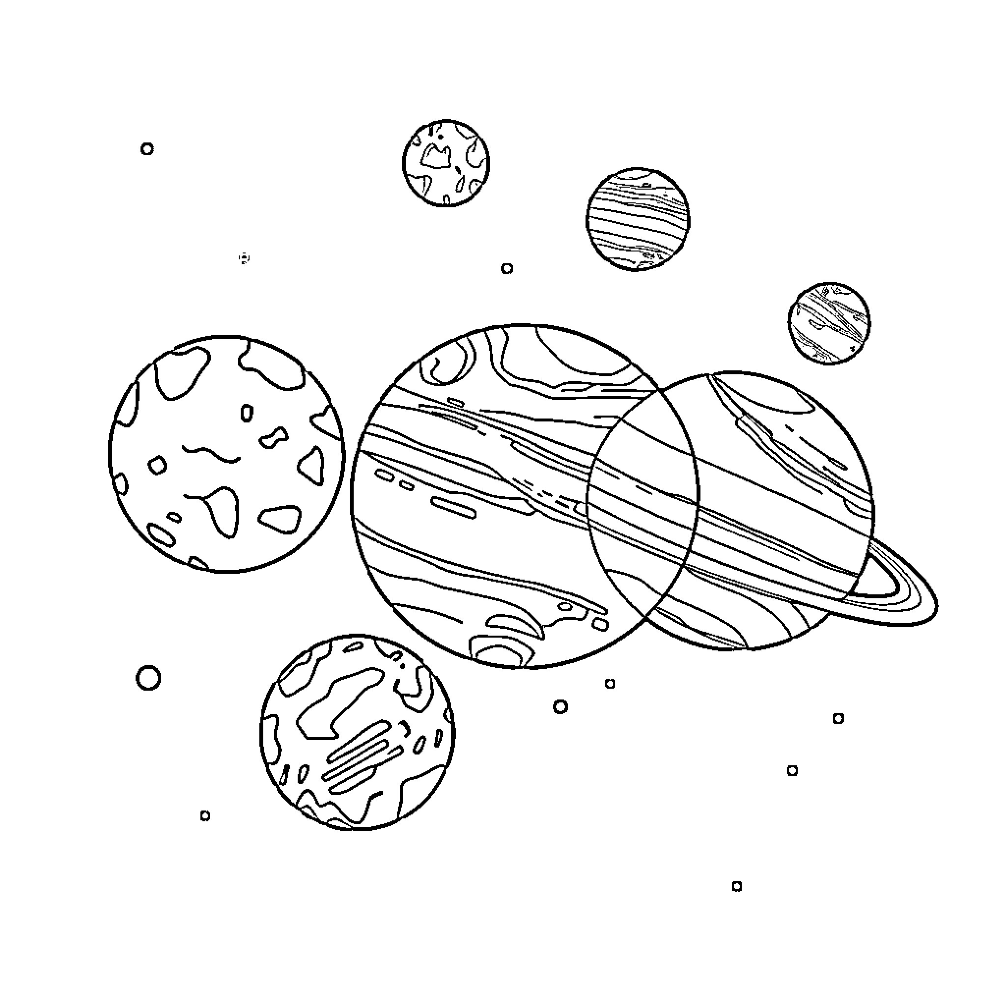 Planet system with diverse celestial bodies Coloring Page (free black-and-white line drawing printable PDF for all, from beginners to advanced learners, including children, teens, adults, and seniors)