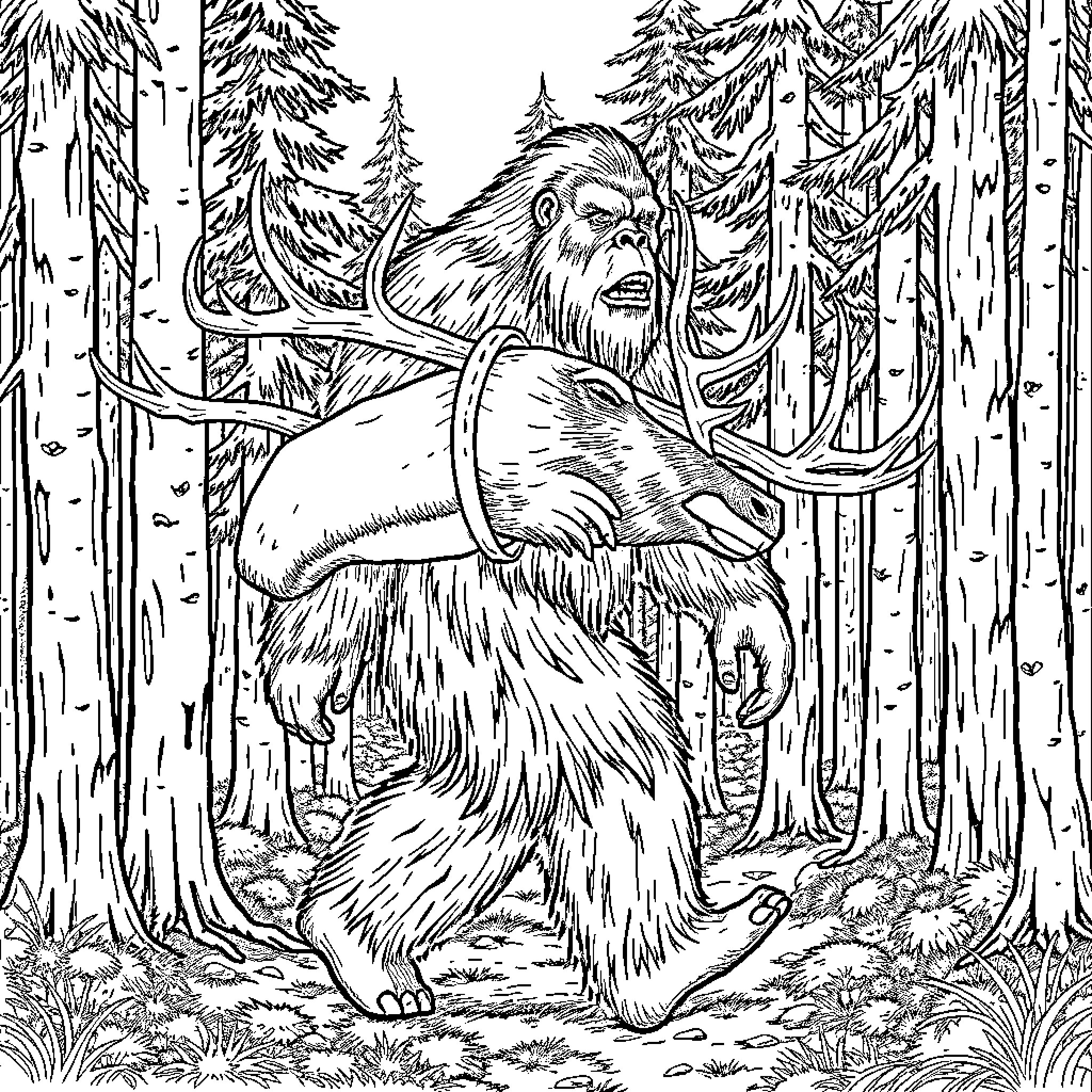 Bigfoot wandering through the snowy forest Coloring Page (free black-and-white line drawing printable PDF for all, from beginners to advanced learners, including children, teens, adults, and seniors)