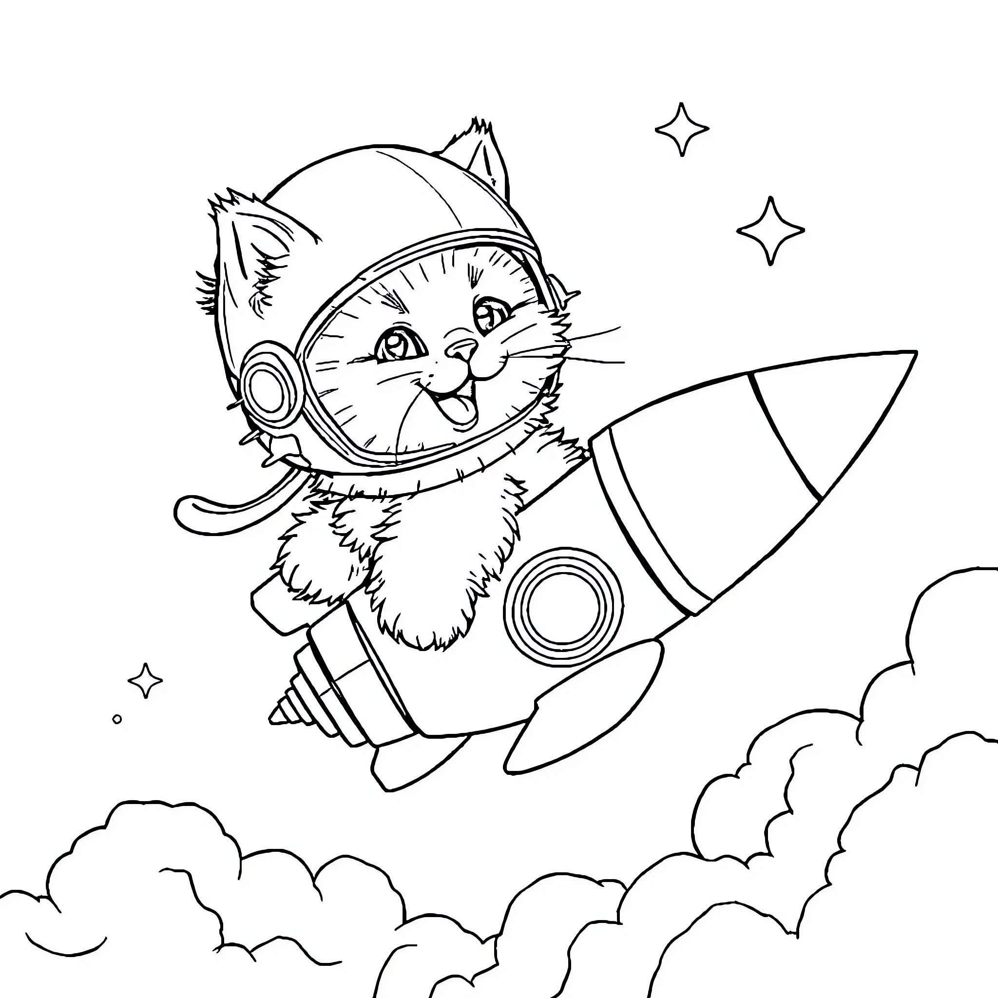 Cat astronaut journeying through the cosmos Coloring Page (free black-and-white line drawing printable PDF for all, from beginners to advanced learners, including children, teens, adults, and seniors)