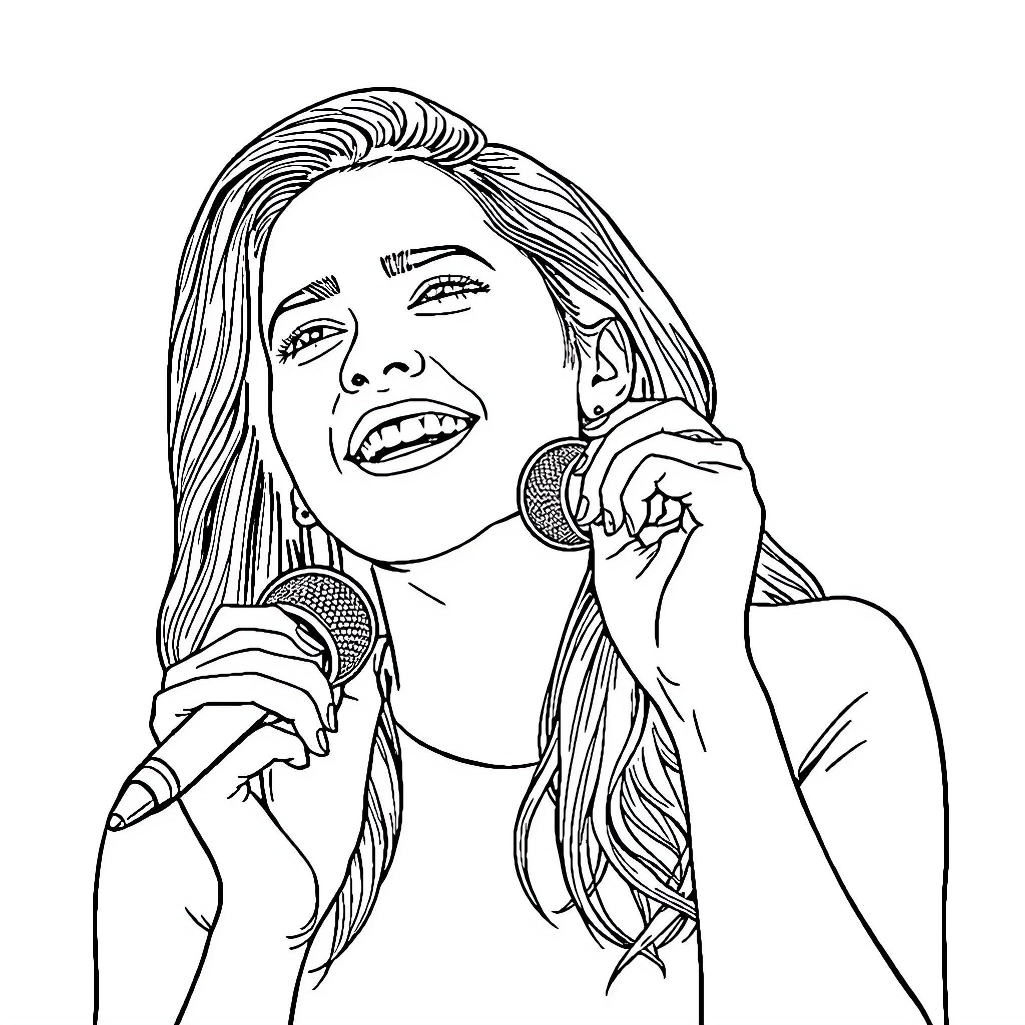 Ana Mena Performing Passionately on Stage Coloring Page (free black-and-white line drawing printable PDF for all, from beginners to advanced learners, including children, teens, adults, and seniors)