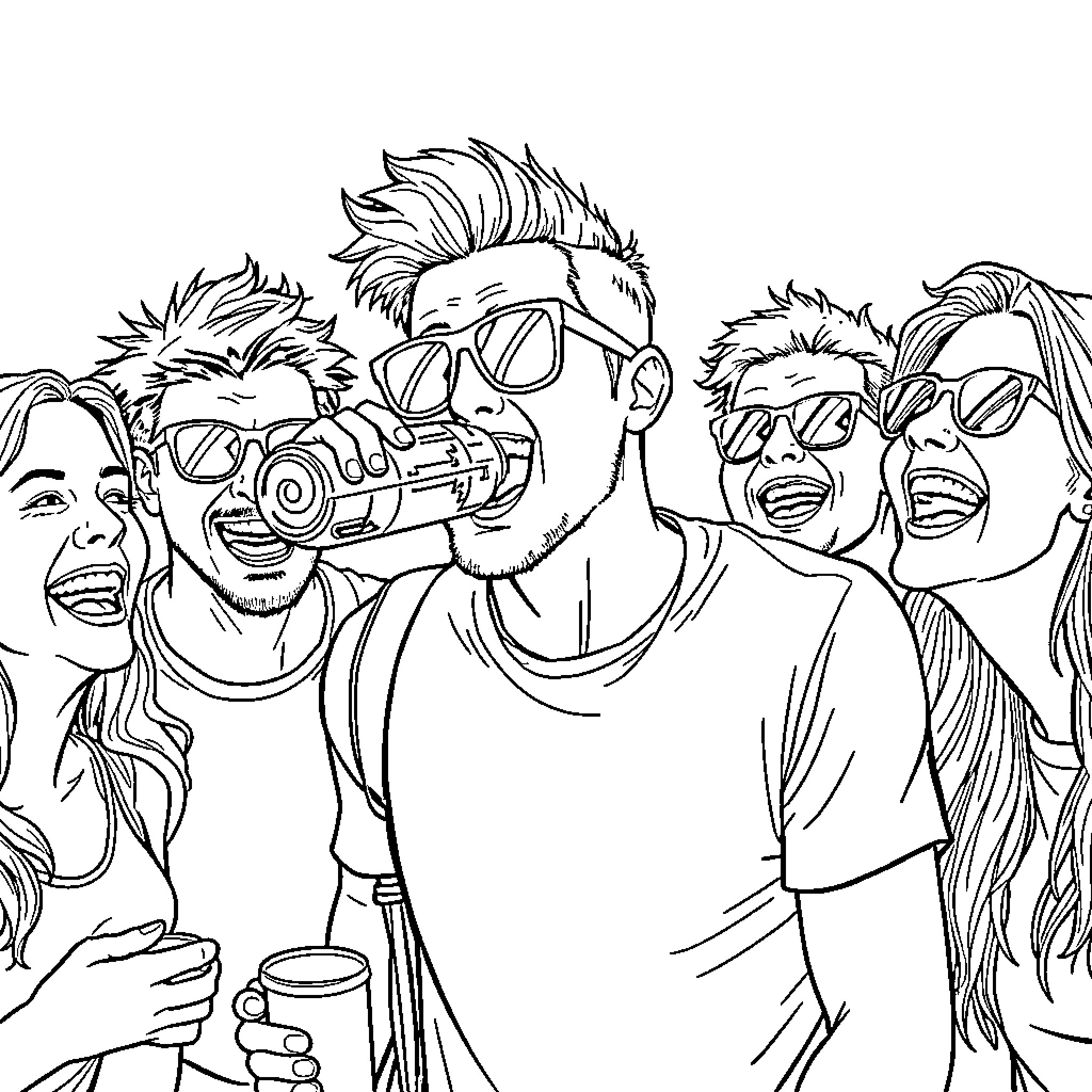 Guy friends enjoying drinks and laughing together Coloring Page (free black-and-white line drawing printable PDF for all, from beginners to advanced learners, including children, teens, adults, and seniors)
