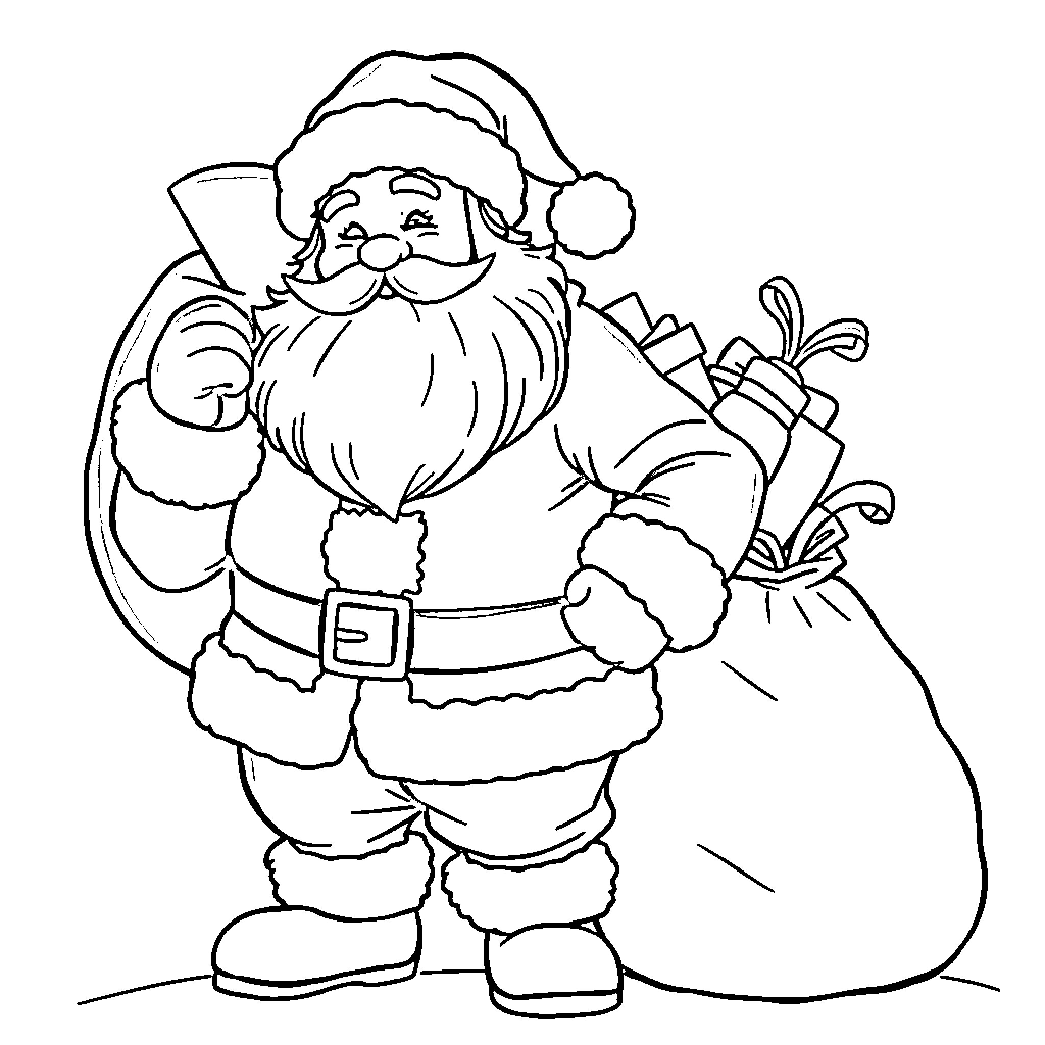 Santa Claus carrying a sack of gifts Coloring Page (free black-and-white line drawing printable PDF for all, from beginners to advanced learners, including children, teens, adults, and seniors)