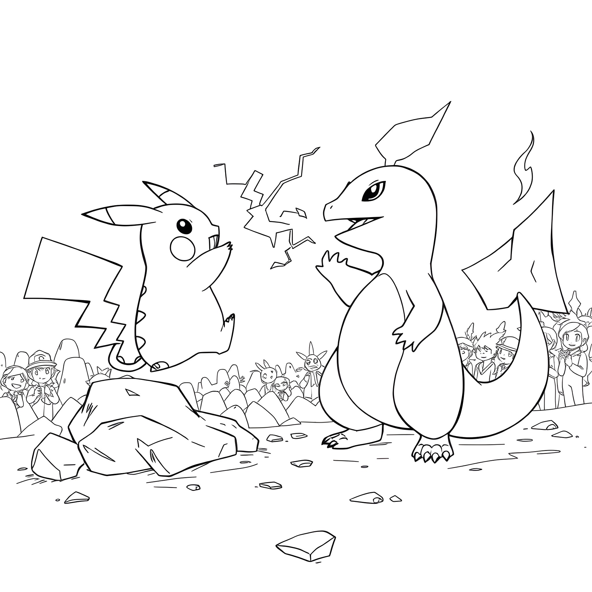 Pikachu and Charmander battling in a rocky landscape Coloring Page (free black-and-white line drawing printable PDF for all, from beginners to advanced learners, including children, teens, adults, and seniors)