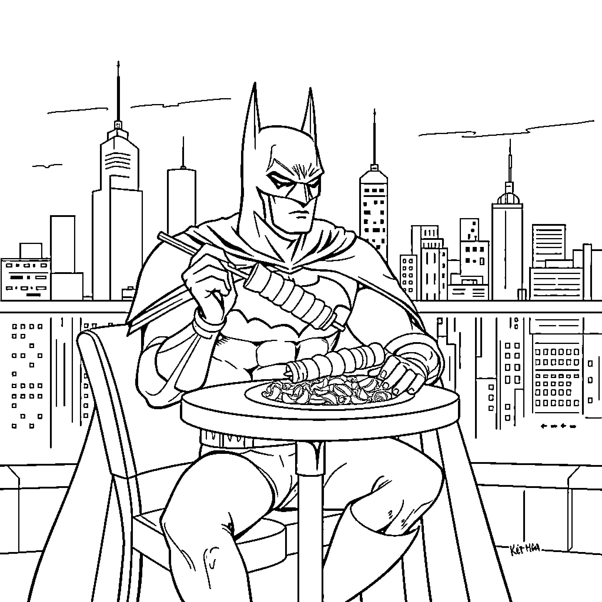 Batman enjoying a meal in the city Coloring Page (free black-and-white line drawing printable PDF for all, from beginners to advanced learners, including children, teens, adults, and seniors)