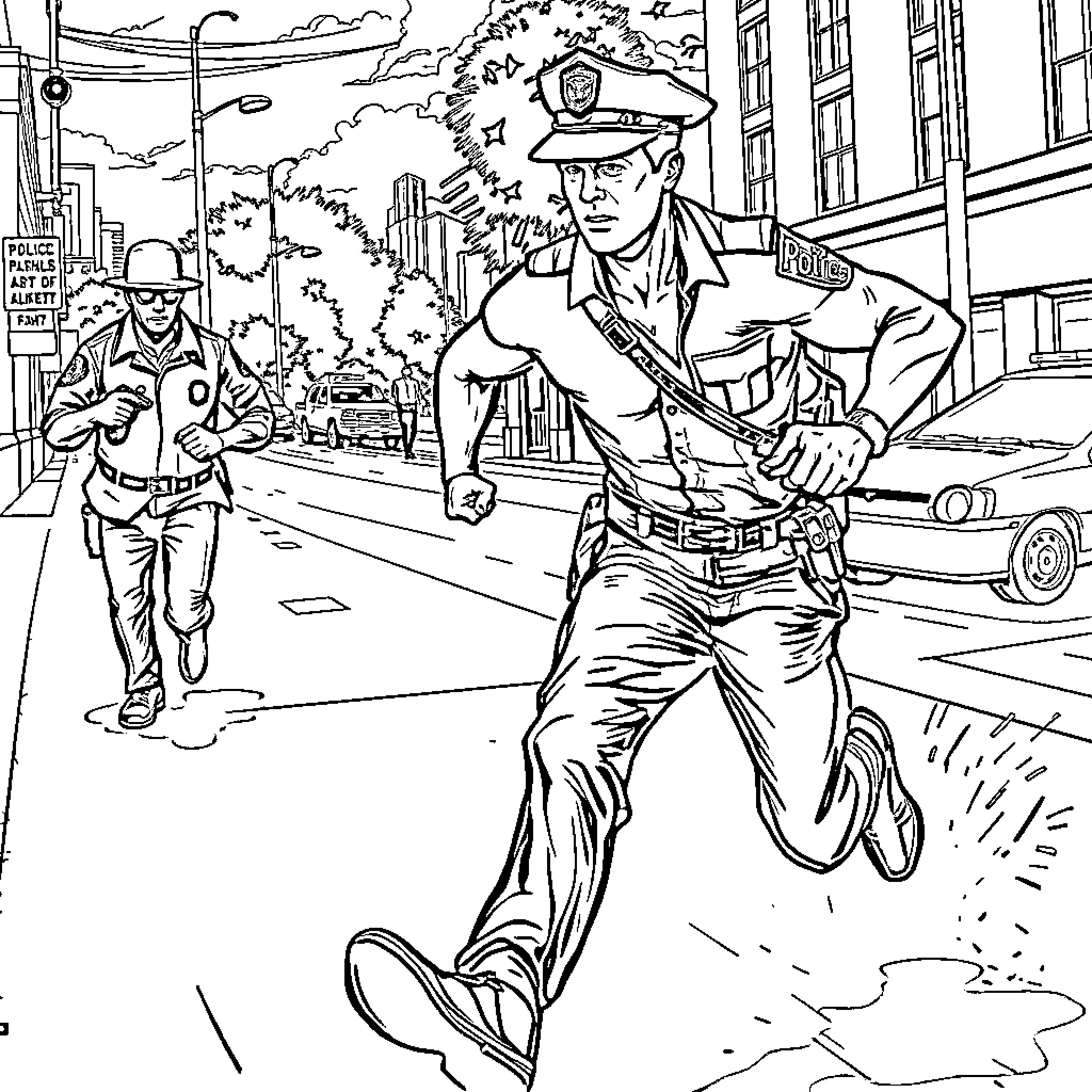 Police Officers Chasing Suspects on the Street Coloring Page (free black-and-white line drawing printable PDF for all, from beginners to advanced learners, including children, teens, adults, and seniors)