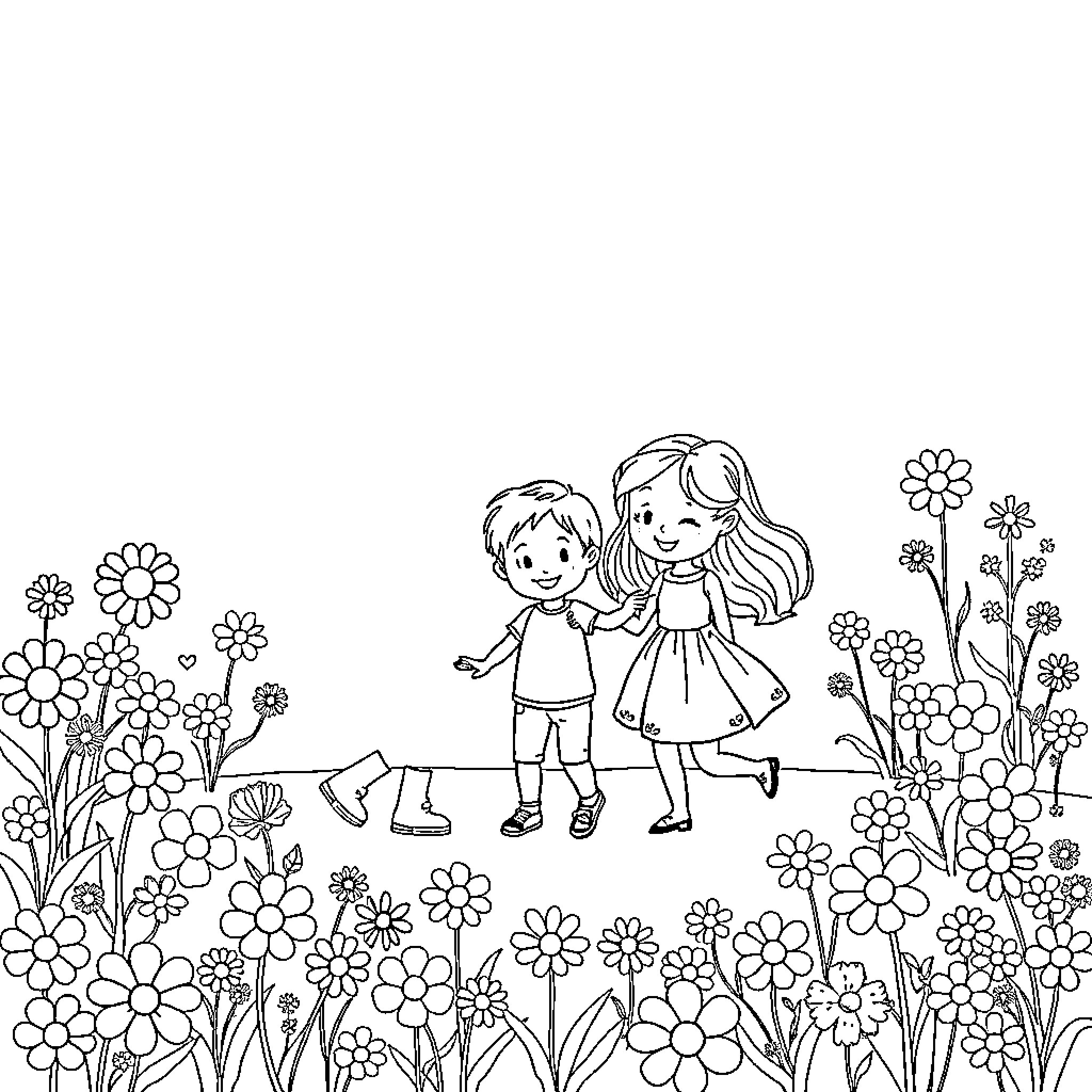 Siblings playing joyfully in a floral garden Coloring Page (free black-and-white line drawing printable PDF for all, from beginners to advanced learners, including children, teens, adults, and seniors)