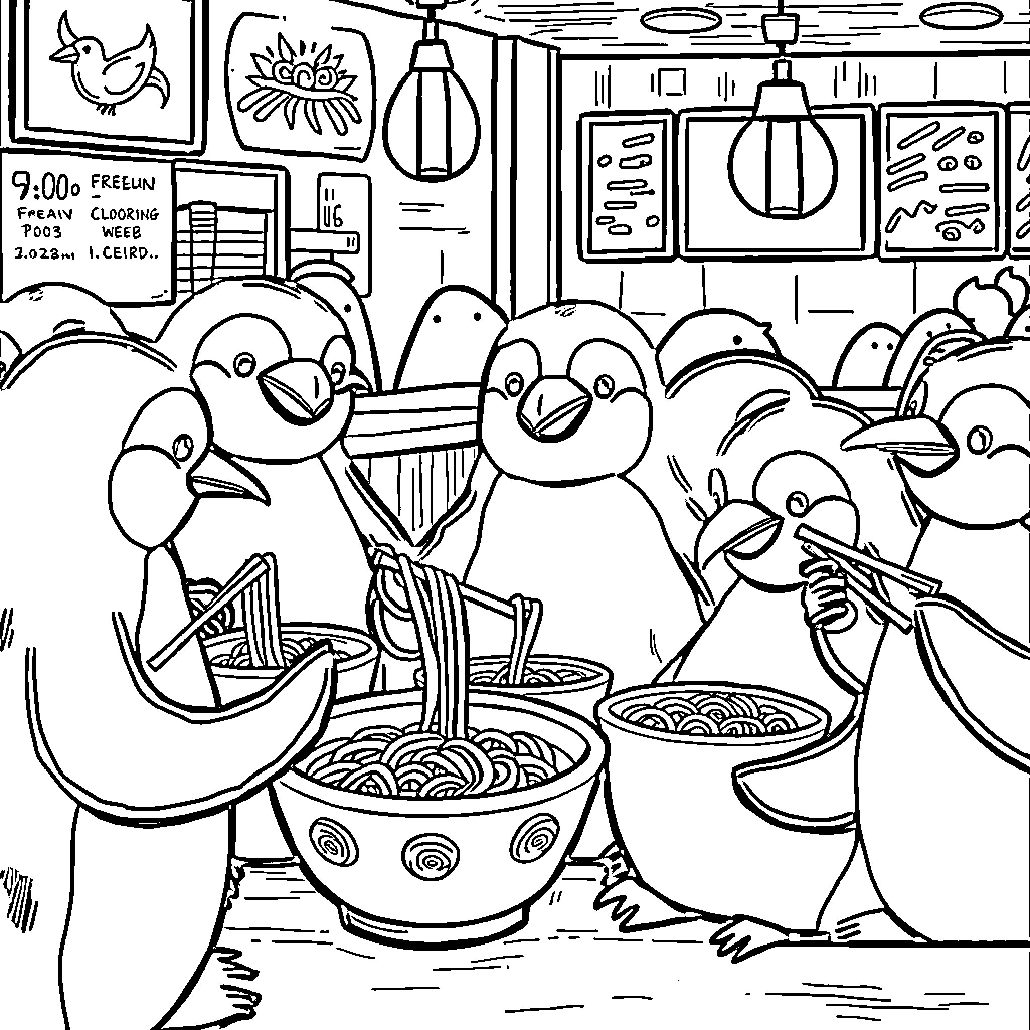 Penguin friends enjoying a meal together Coloring Page (free black-and-white line drawing printable PDF for all, from beginners to advanced learners, including children, teens, adults, and seniors)