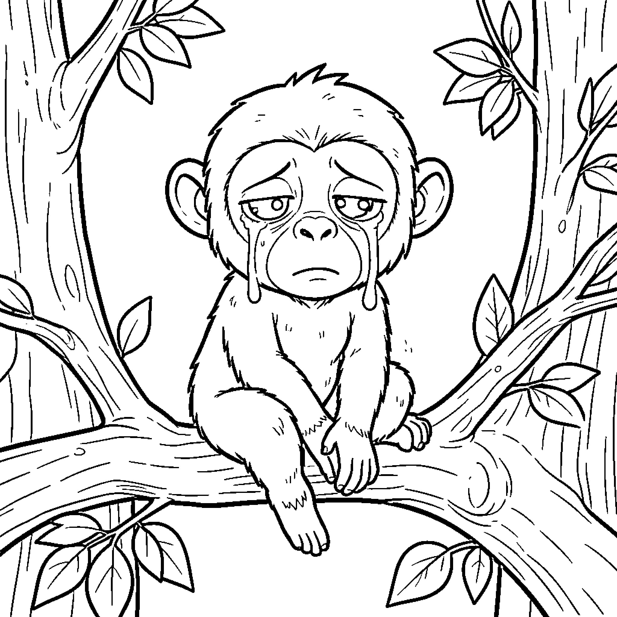 Monkey sulking in the jungle Coloring Page (free black-and-white line drawing printable PDF for all, from beginners to advanced learners, including children, teens, adults, and seniors)