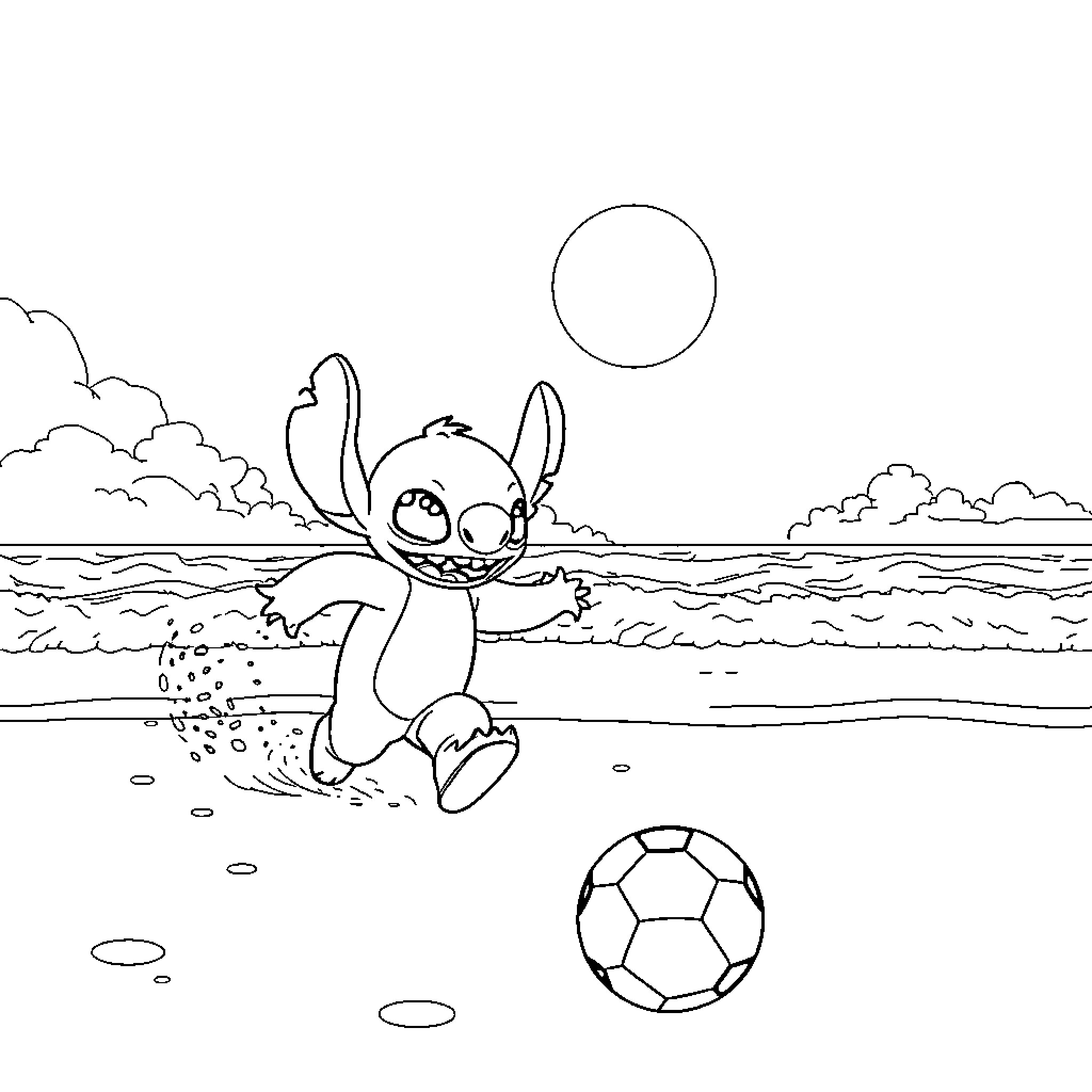 Stitch playing on the beach with a soccer ball Coloring Page (free black-and-white line drawing printable PDF for all, from beginners to advanced learners, including children, teens, adults, and seniors)