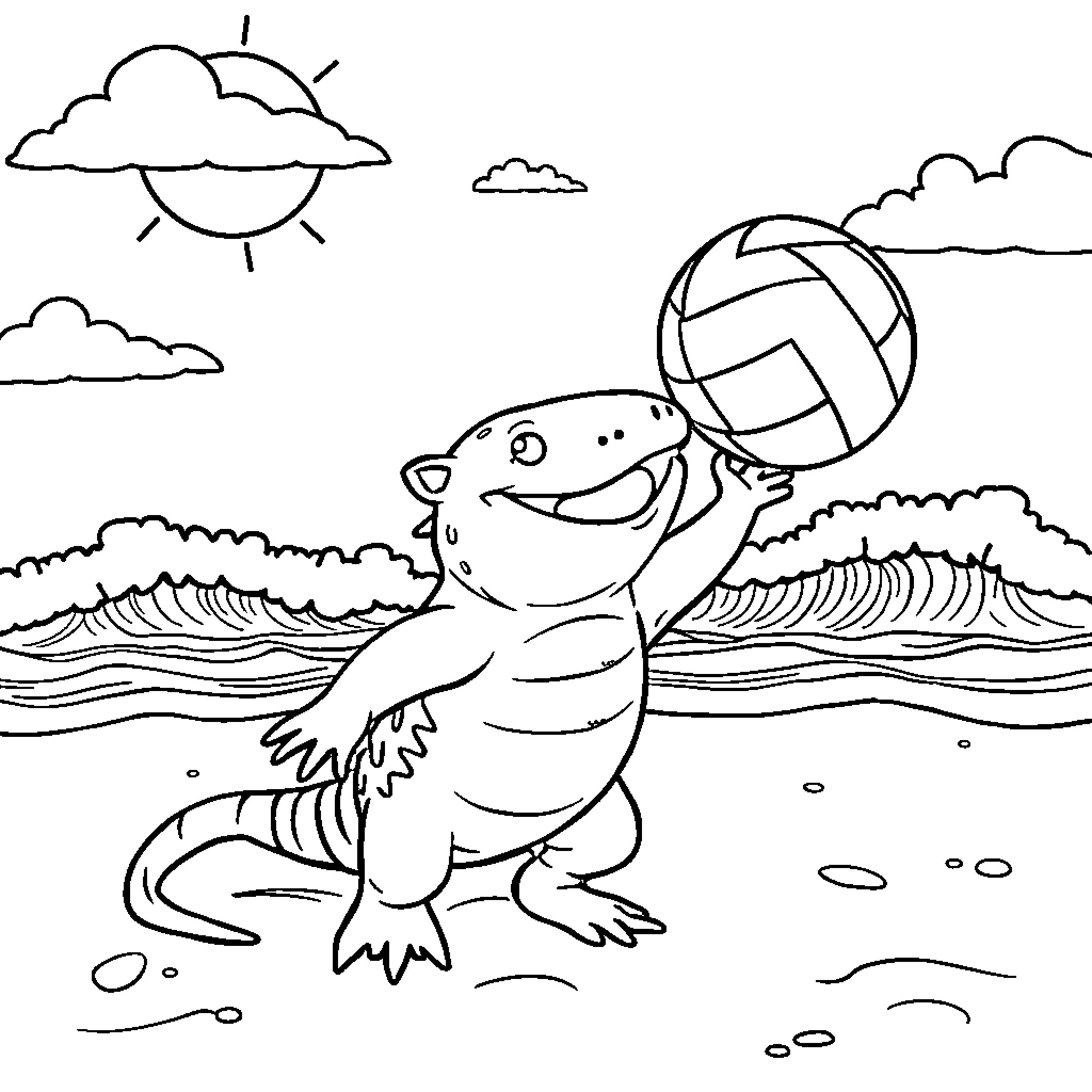 Axolotl playing with beach ball by the ocean Coloring Page (free black-and-white line drawing printable PDF for all, from beginners to advanced learners, including children, teens, adults, and seniors)