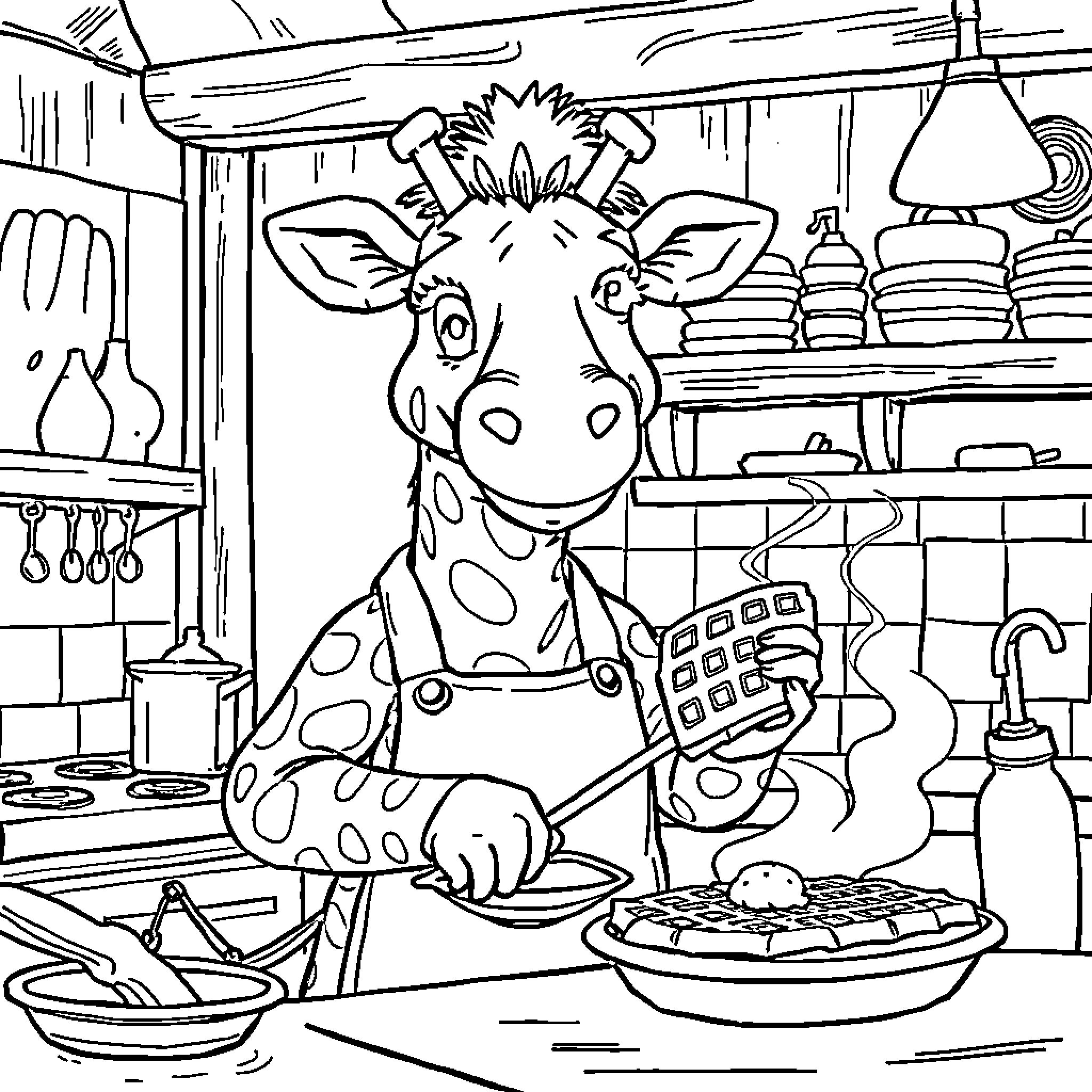 Gir cooking delicious meal in kitchen Coloring Page (free black-and-white line drawing printable PDF for all, from beginners to advanced learners, including children, teens, adults, and seniors)