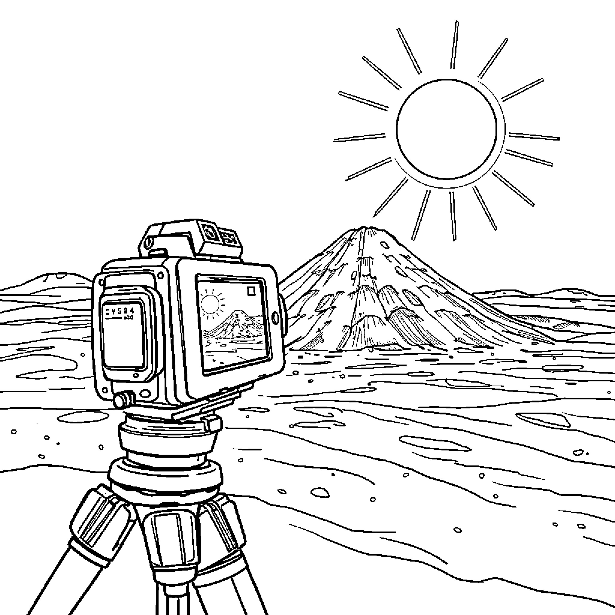 VEGAPULS surveying the landscape with mountain view Coloring Page (free black-and-white line drawing printable PDF for all, from beginners to advanced learners, including children, teens, adults, and seniors)