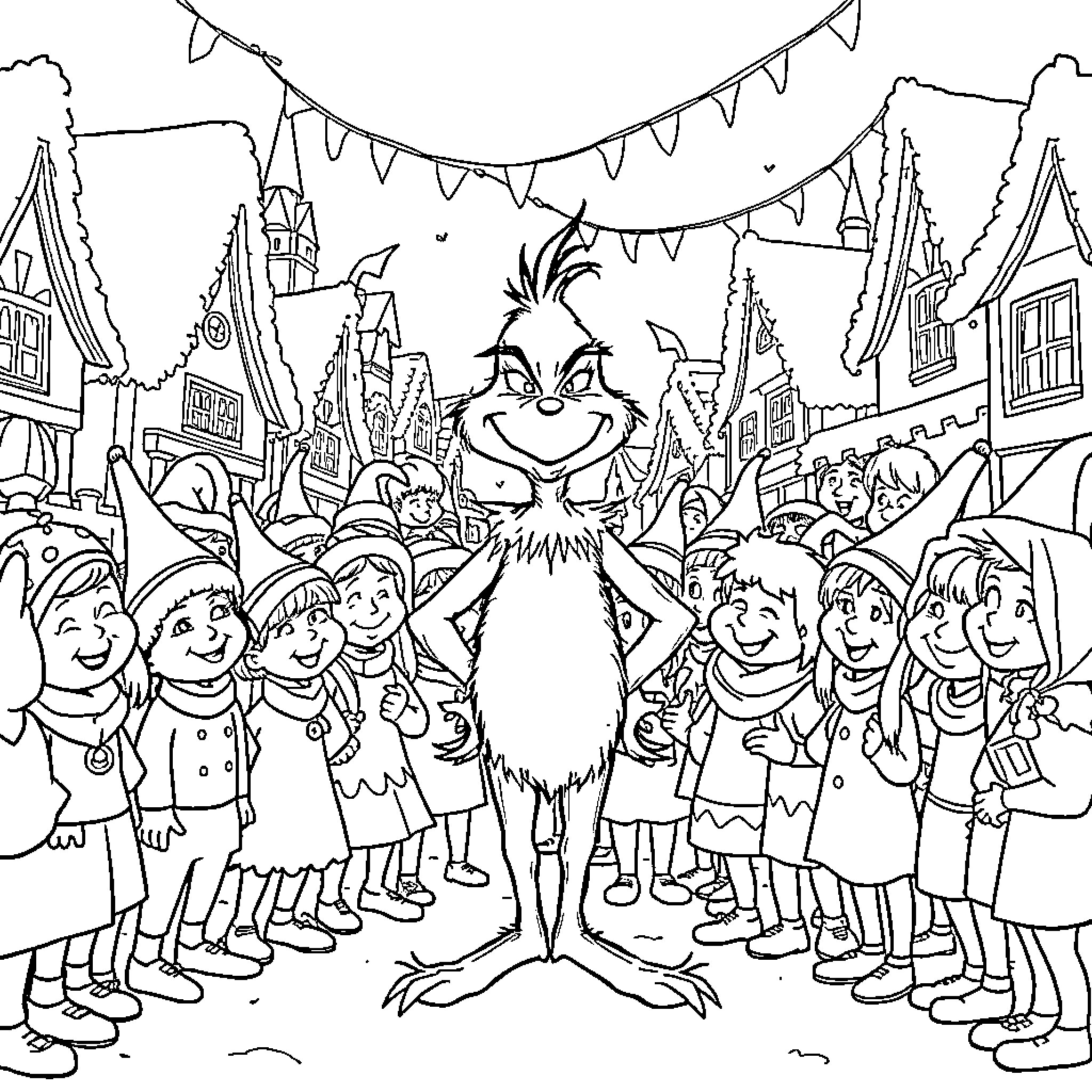 Grinch celebrating with a crowd in a festive town Coloring Page (free black-and-white line drawing printable PDF for all, from beginners to advanced learners, including children, teens, adults, and seniors)