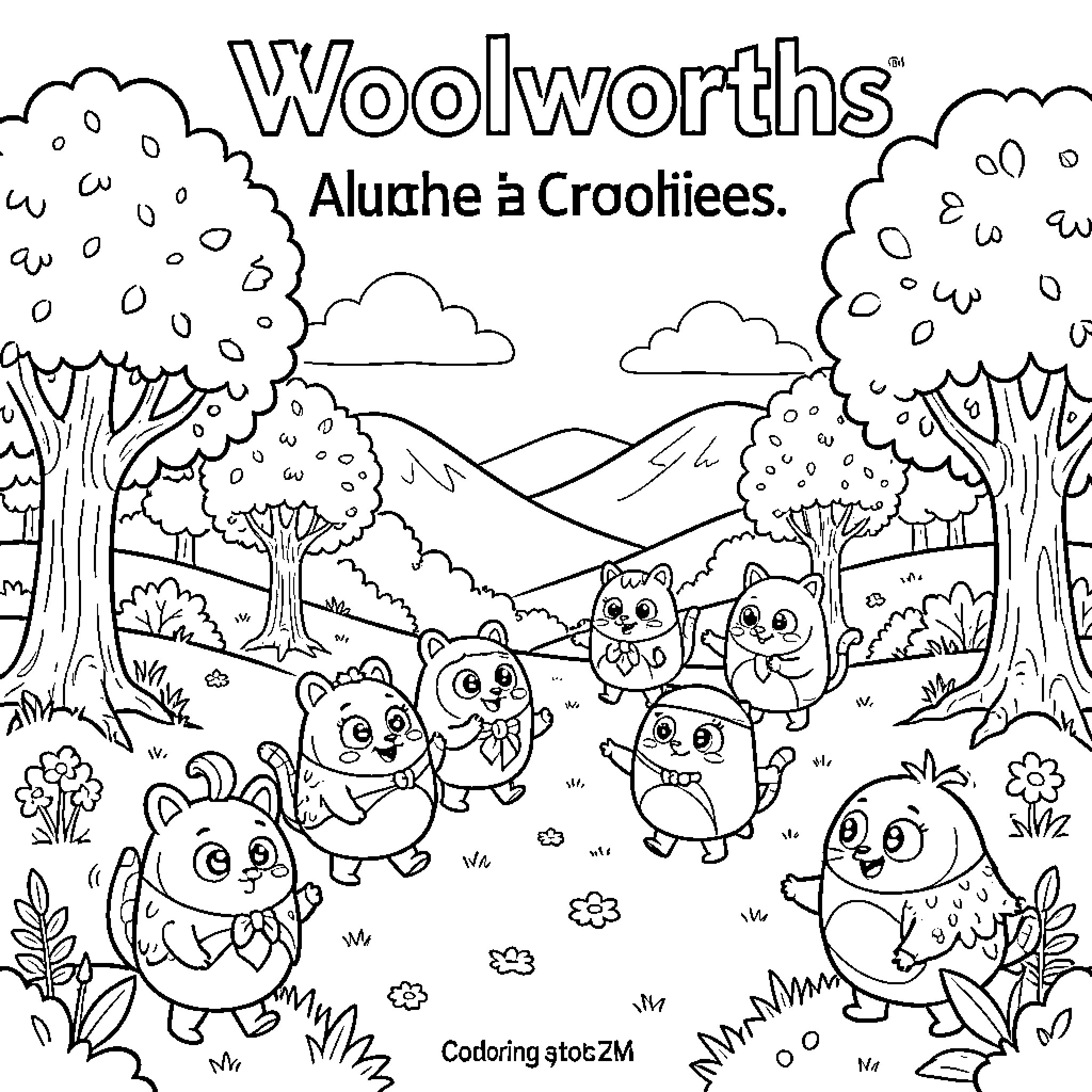 Ooshie happy cartoon animals dancing in a forest Coloring Page (free black-and-white line drawing printable PDF for all, from beginners to advanced learners, including children, teens, adults, and seniors)