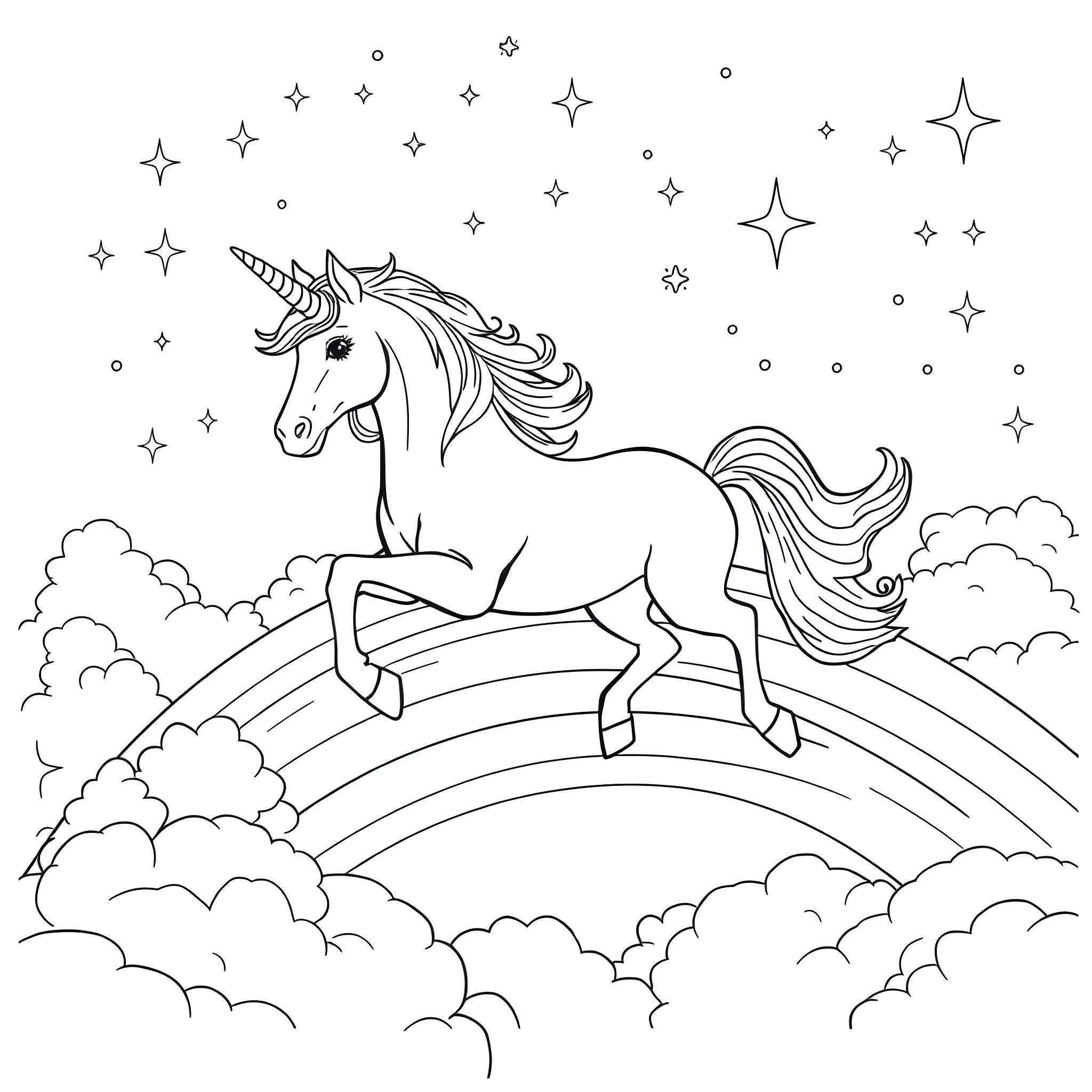 Unicorn running freely on a rainbow bridge Coloring Page (free black-and-white line drawing printable PDF for all, from beginners to advanced learners, including children, teens, adults, and seniors)