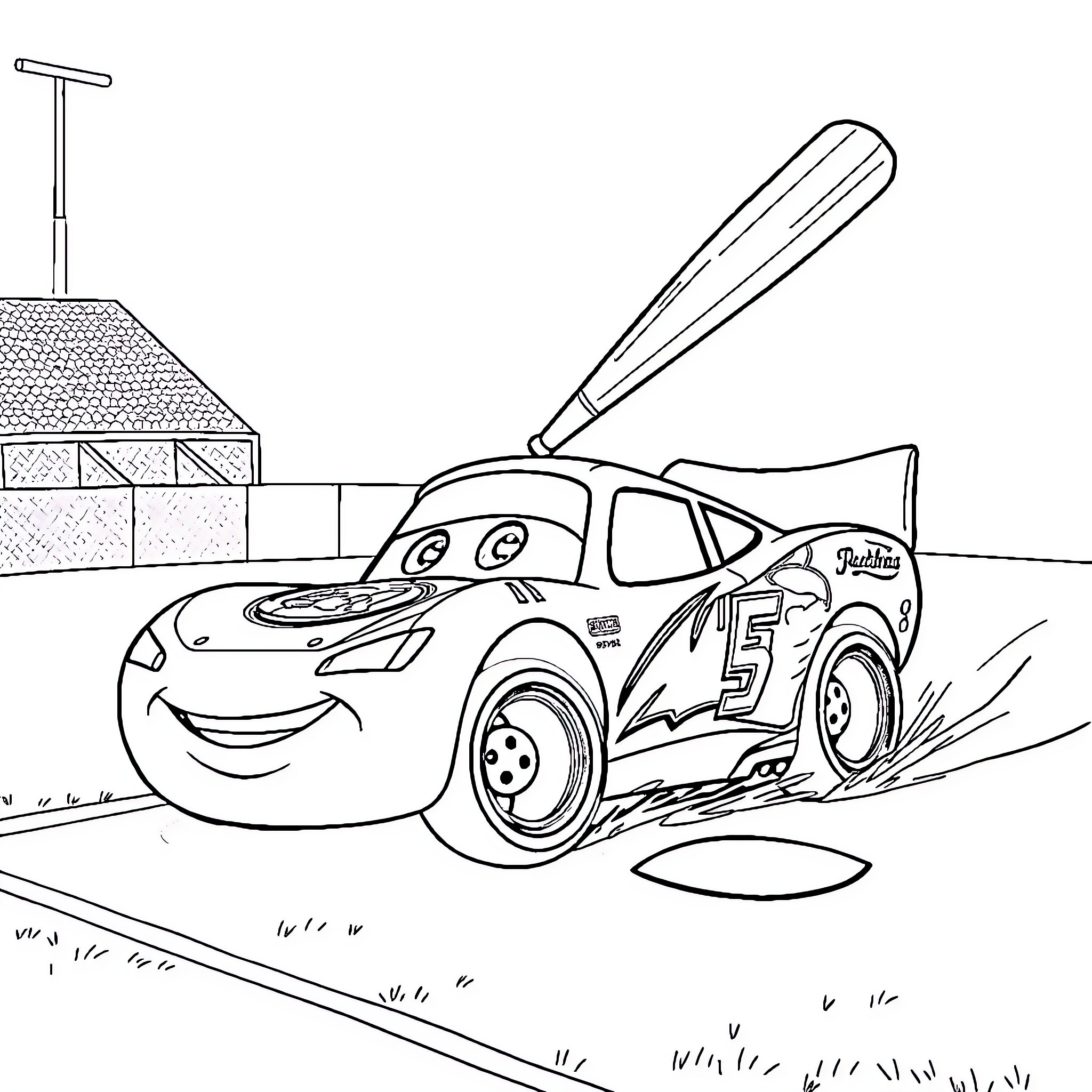Lightning McQueen racing on the track Coloring Page (free black-and-white line drawing printable PDF for all, from beginners to advanced learners, including children, teens, adults, and seniors)