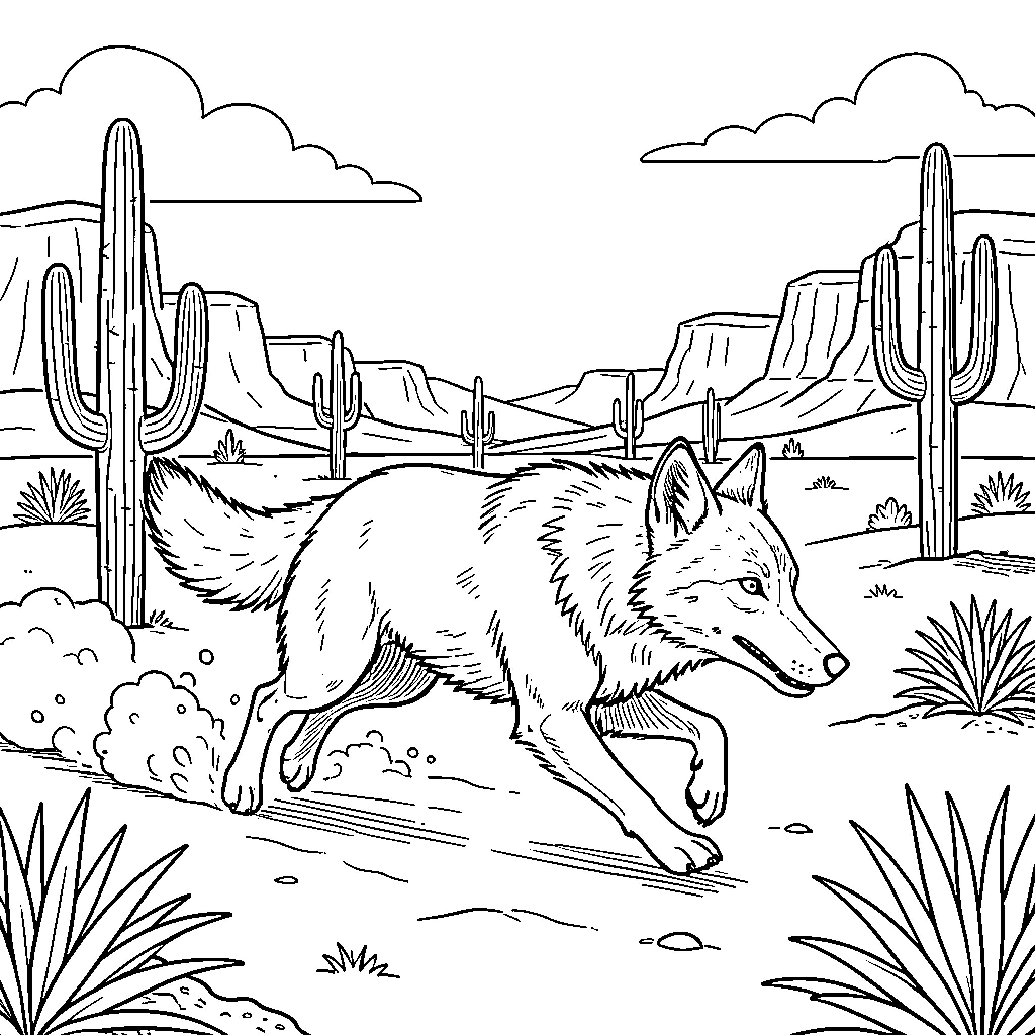 Coyote Prowling Through Desert Landscape Coloring Page (free black-and-white line drawing printable PDF for all, from beginners to advanced learners, including children, teens, adults, and seniors)