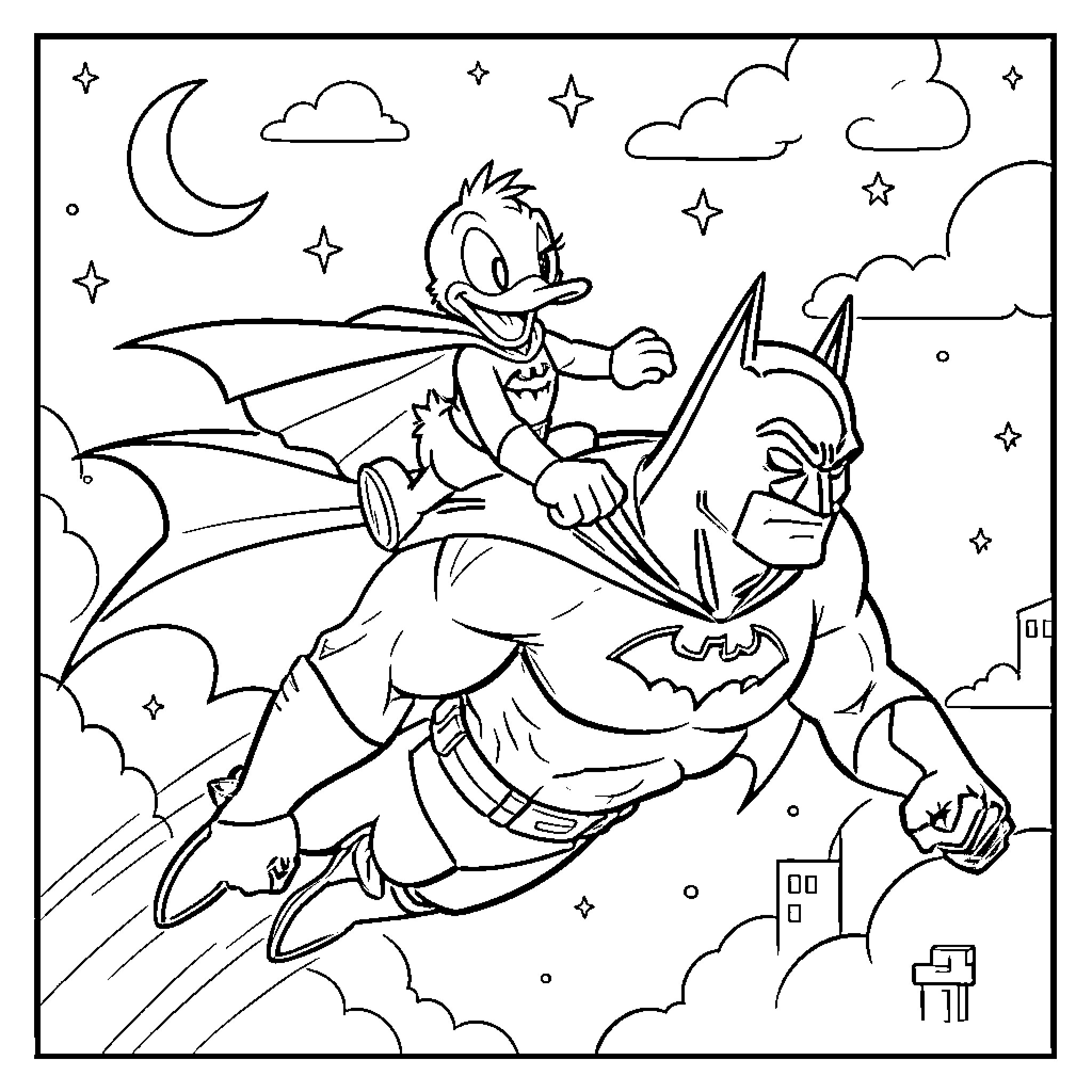 Donald Duck soaring with superhero through the night sky Coloring Page (free black-and-white line drawing printable PDF for all, from beginners to advanced learners, including children, teens, adults, and seniors)