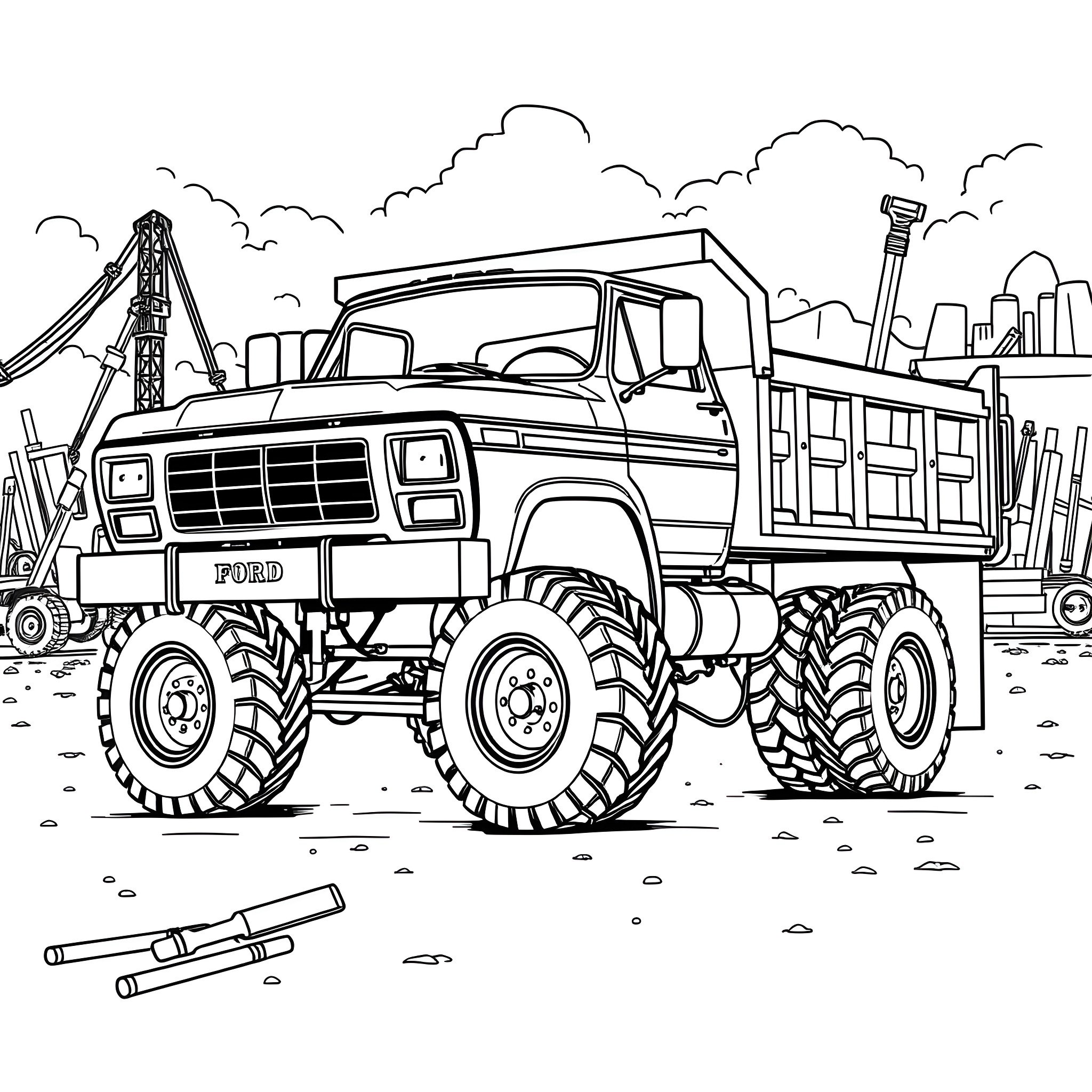 Ford Truck Hauling Massive Load in Industrial Landscape Coloring Page (free black-and-white line drawing printable PDF for all, from beginners to advanced learners, including children, teens, adults, and seniors)