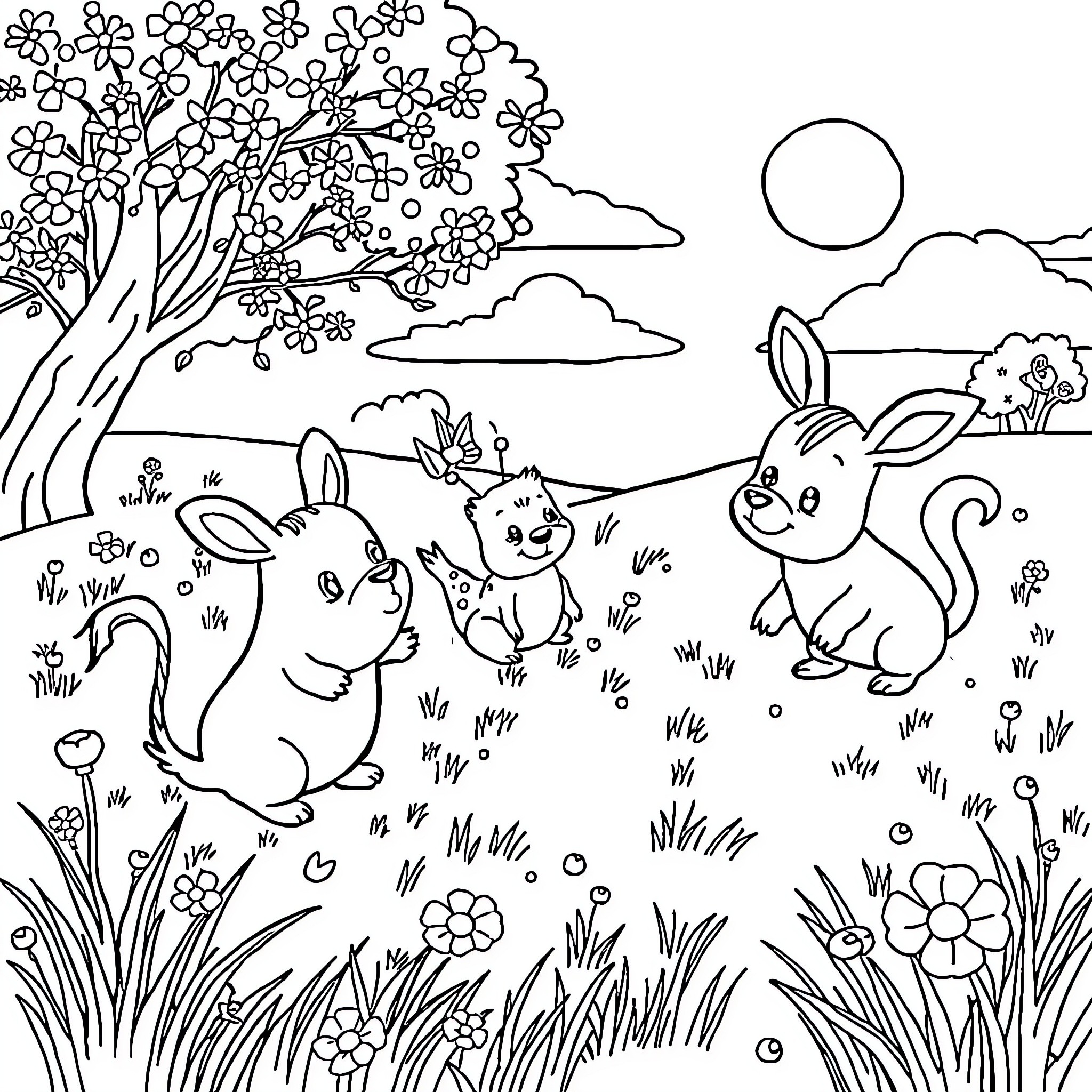 Animal Bunnies Playing in Flowery Field Coloring Page (free black-and-white line drawing printable PDF for all, from beginners to advanced learners, including children, teens, adults, and seniors)