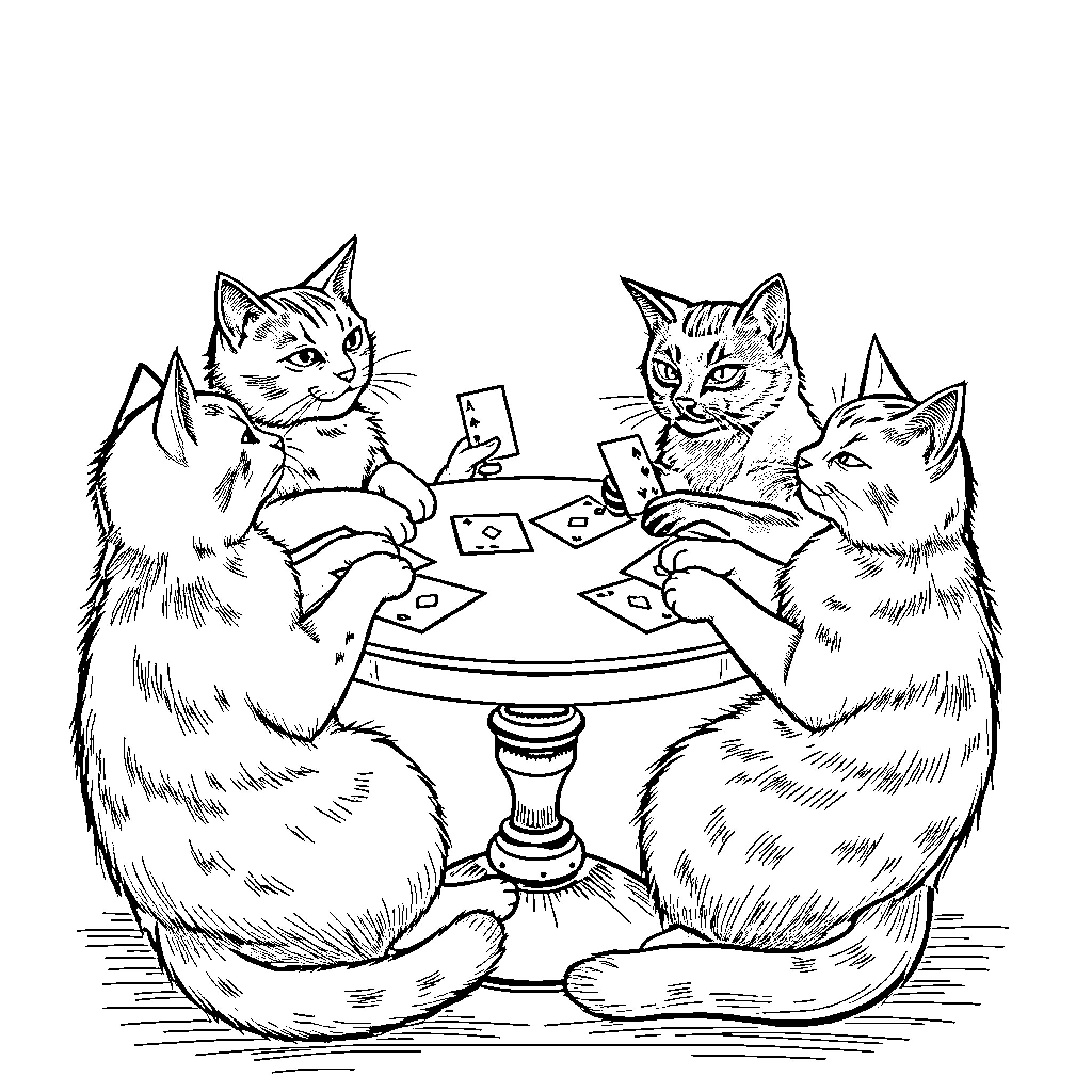 Cats playing cards at the table Coloring Page (free black-and-white line drawing printable PDF for all, from beginners to advanced learners, including children, teens, adults, and seniors)