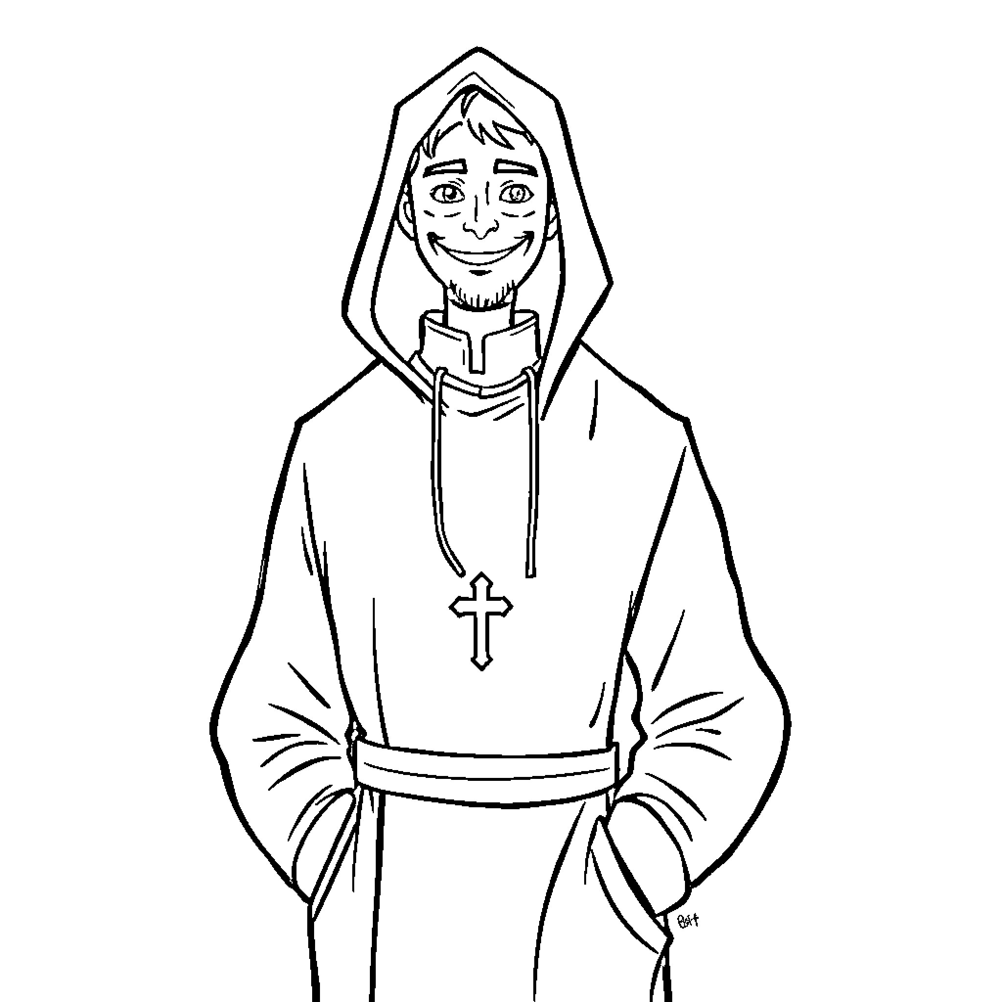 Priest in religious robes holding a book Coloring Page (free black-and-white line drawing printable PDF for all, from beginners to advanced learners, including children, teens, adults, and seniors)