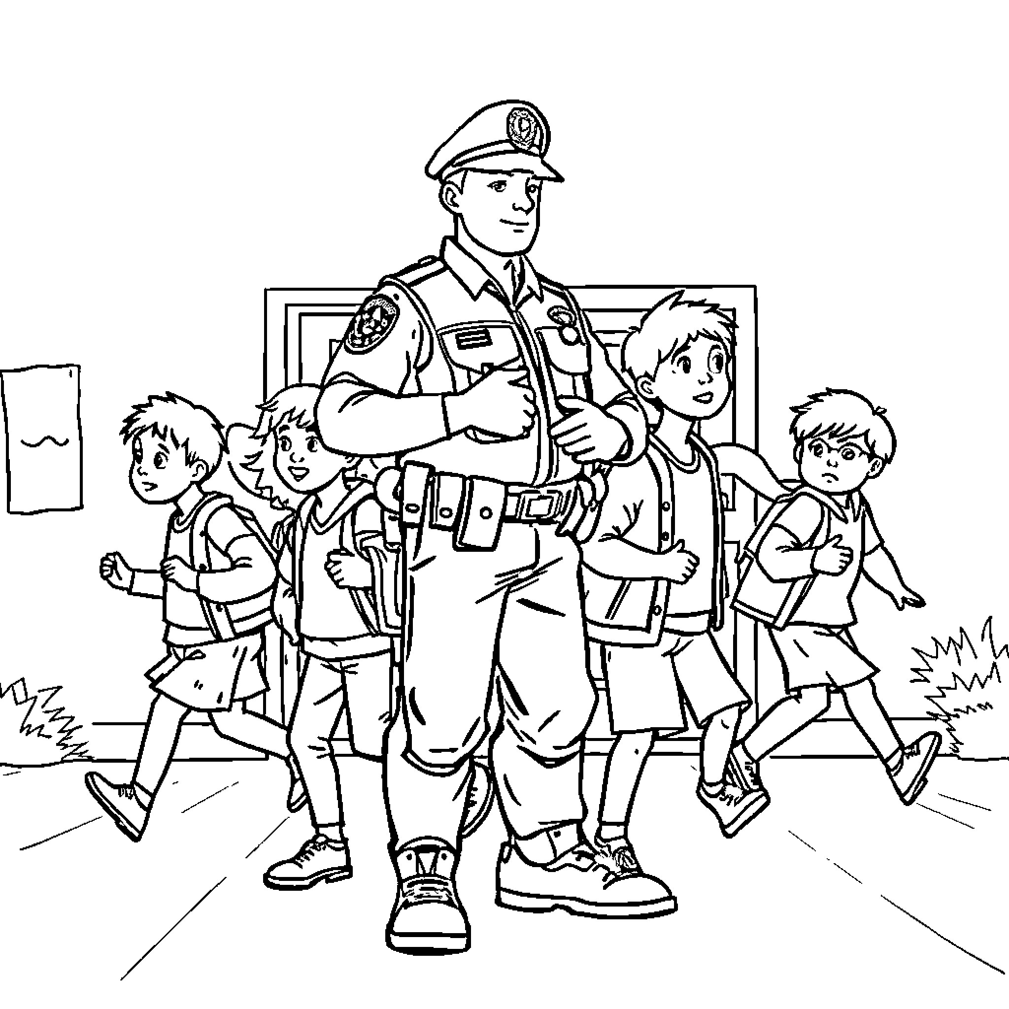 Policía asiste y guía a grupo de niños Coloring Page (free black-and-white line drawing printable PDF for all, from beginners to advanced learners, including children, teens, adults, and seniors)