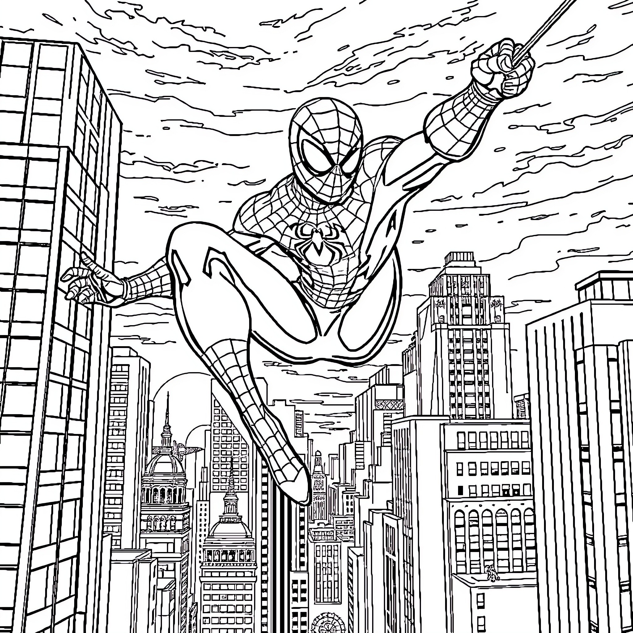 Spider-Man swinging through the city skyline Coloring Page (free black-and-white line drawing printable PDF for all, from beginners to advanced learners, including children, teens, adults, and seniors)