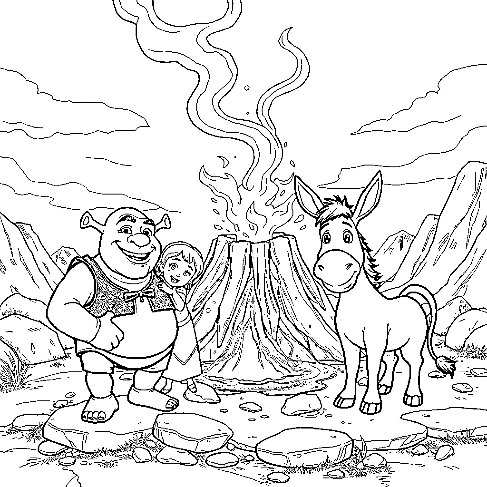 Shrek and Donkey Roasting Marshmallows by Campfire Coloring Page (free black-and-white line drawing printable PDF for all, from beginners to advanced learners, including children, teens, adults, and seniors)