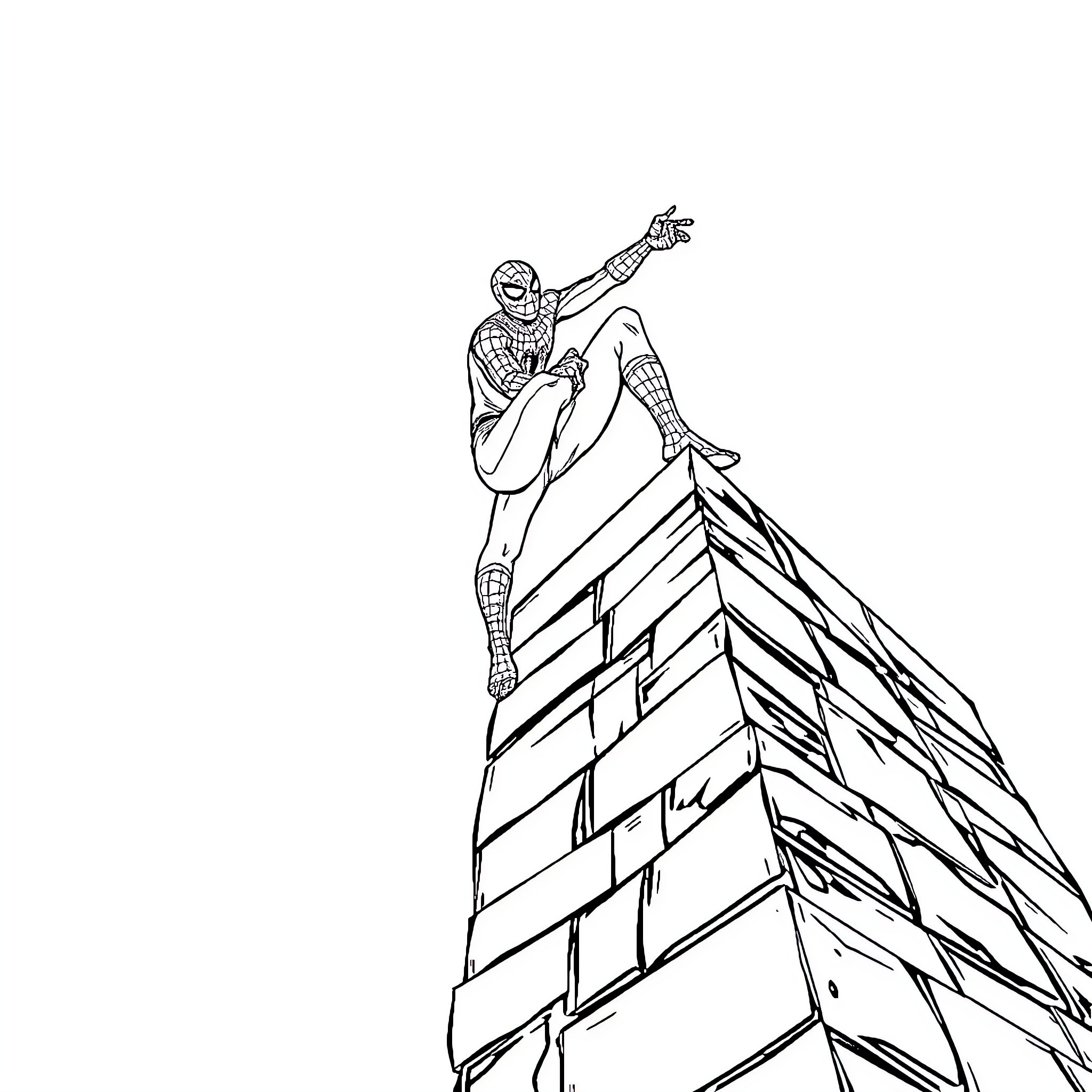 Spiderman swinging on skyscrapers in action Coloring Page (free black-and-white line drawing printable PDF for all, from beginners to advanced learners, including children, teens, adults, and seniors)