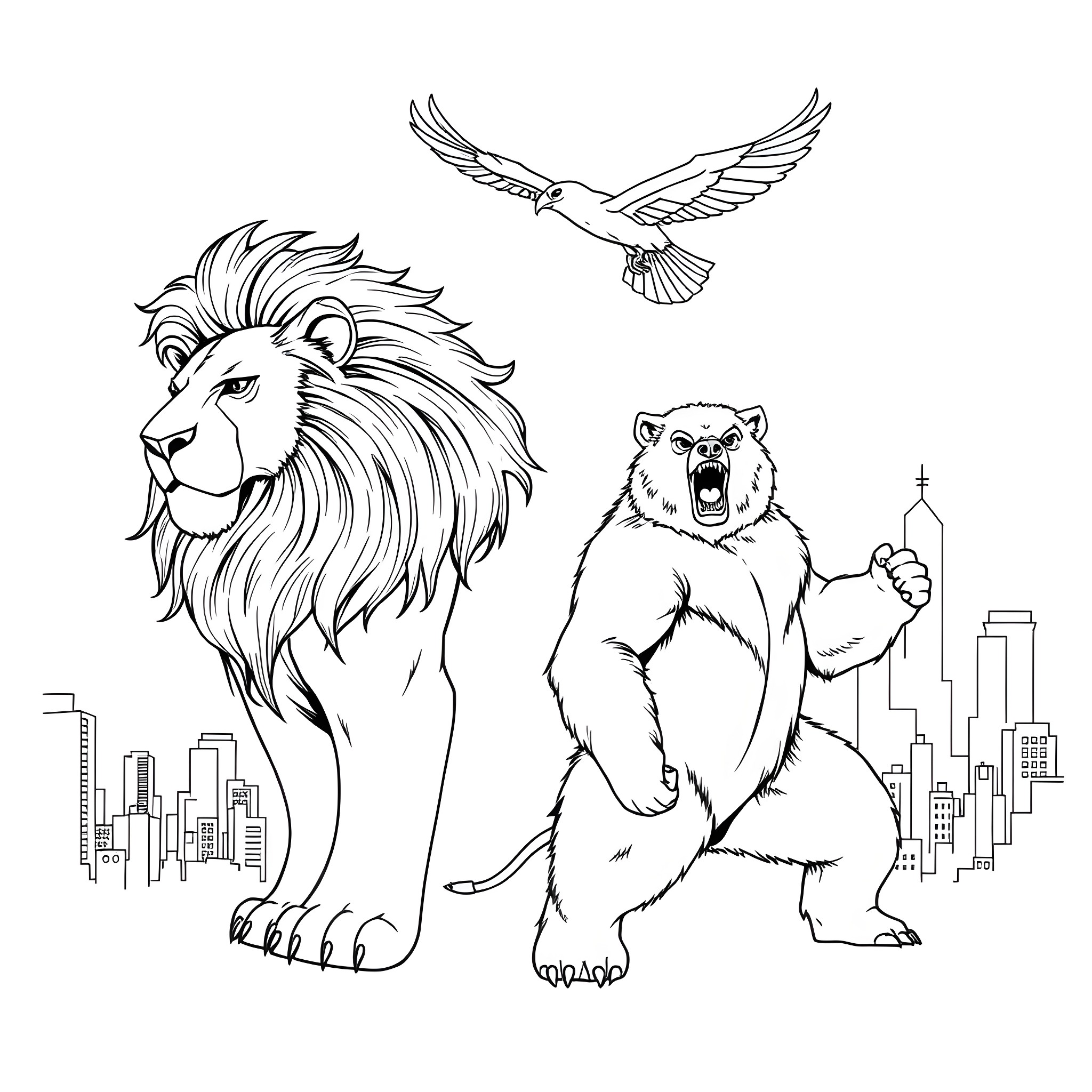 Superhero Animal Saves the Day in the City Coloring Page (free black-and-white line drawing printable PDF for all, from beginners to advanced learners, including children, teens, adults, and seniors)