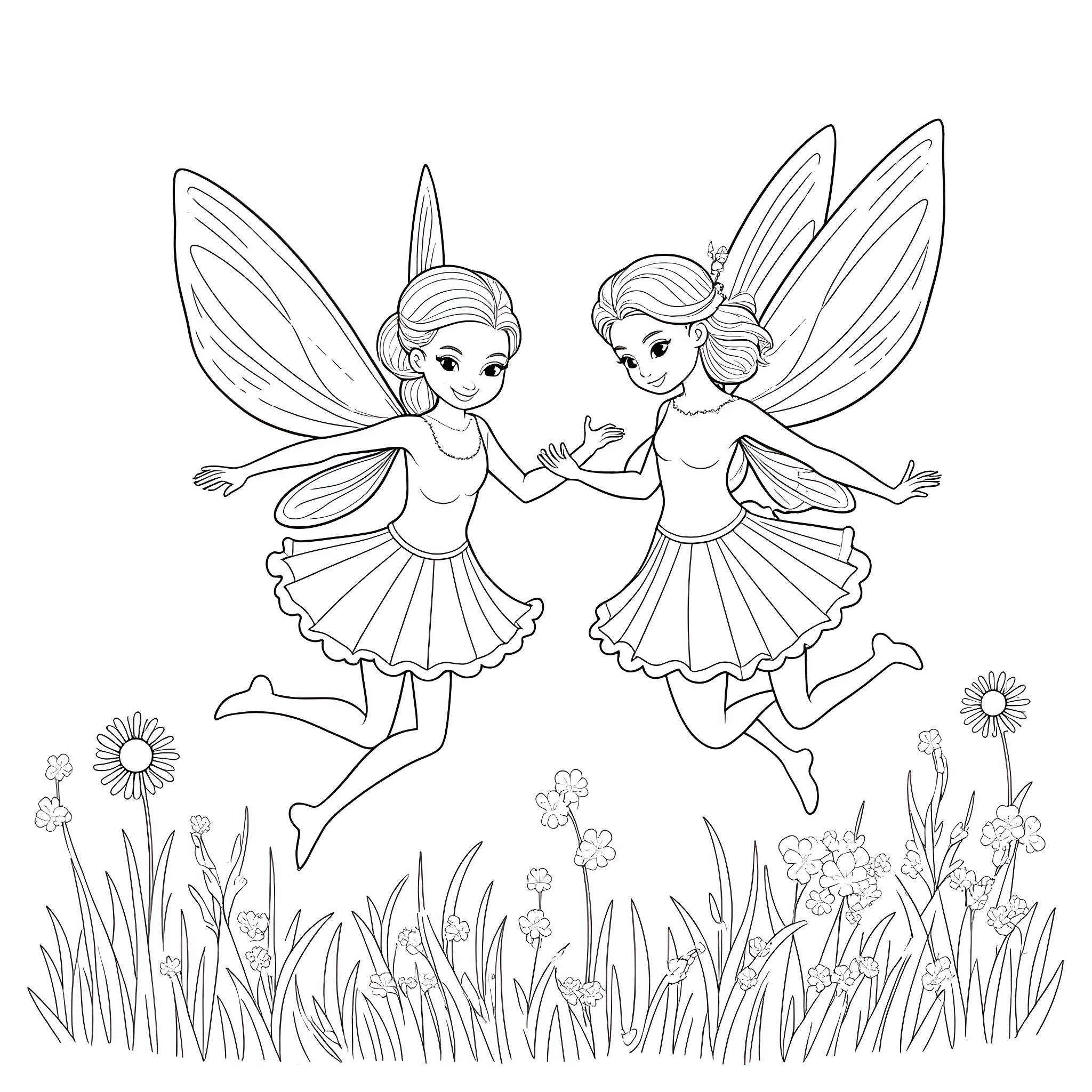 Fairy friends enjoying a dance in the meadow Coloring Page (free black-and-white line drawing printable PDF for all, from beginners to advanced learners, including children, teens, adults, and seniors)