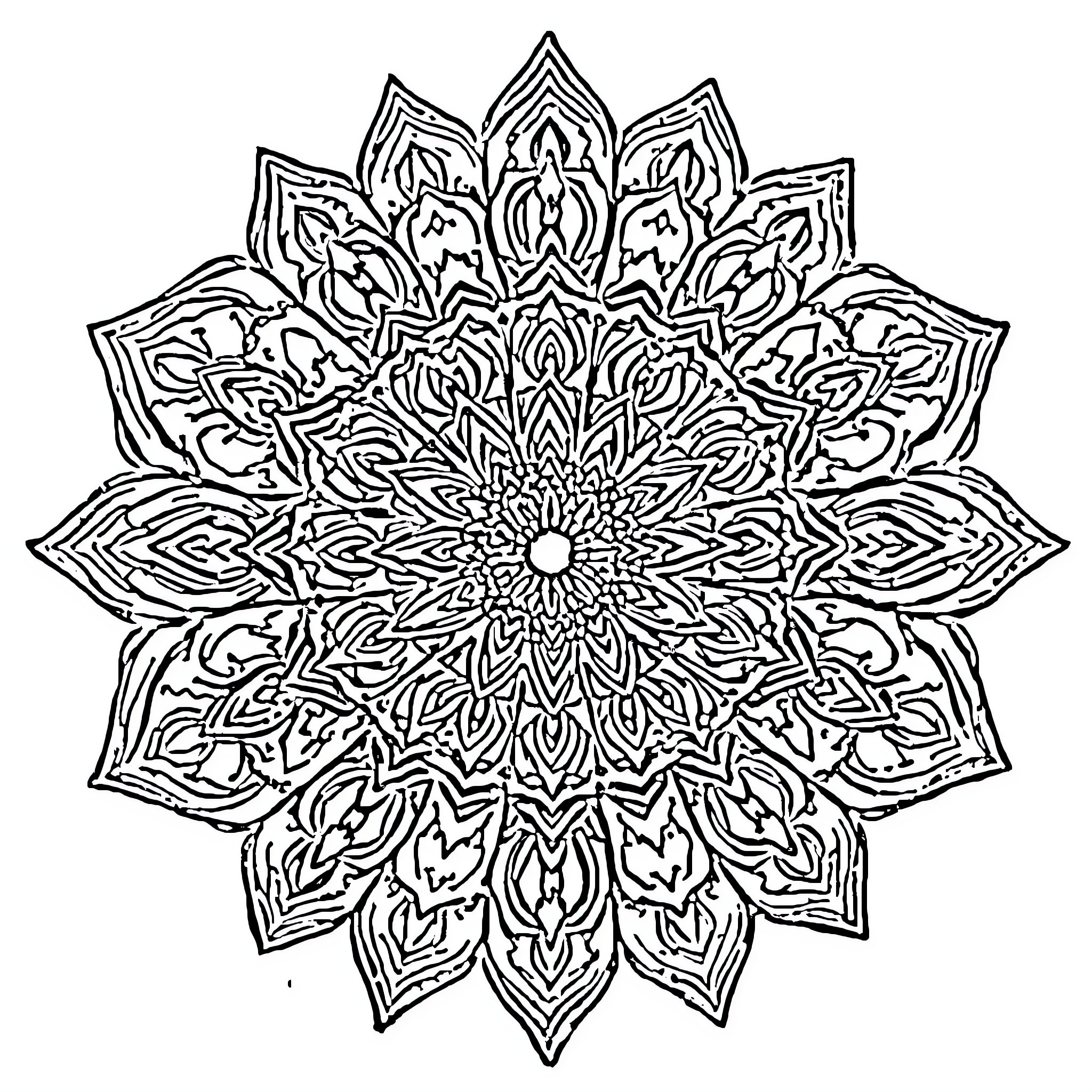 Mandala of intricate floral patterns Coloring Page (free black-and-white line drawing printable PDF for all, from beginners to advanced learners, including children, teens, adults, and seniors)