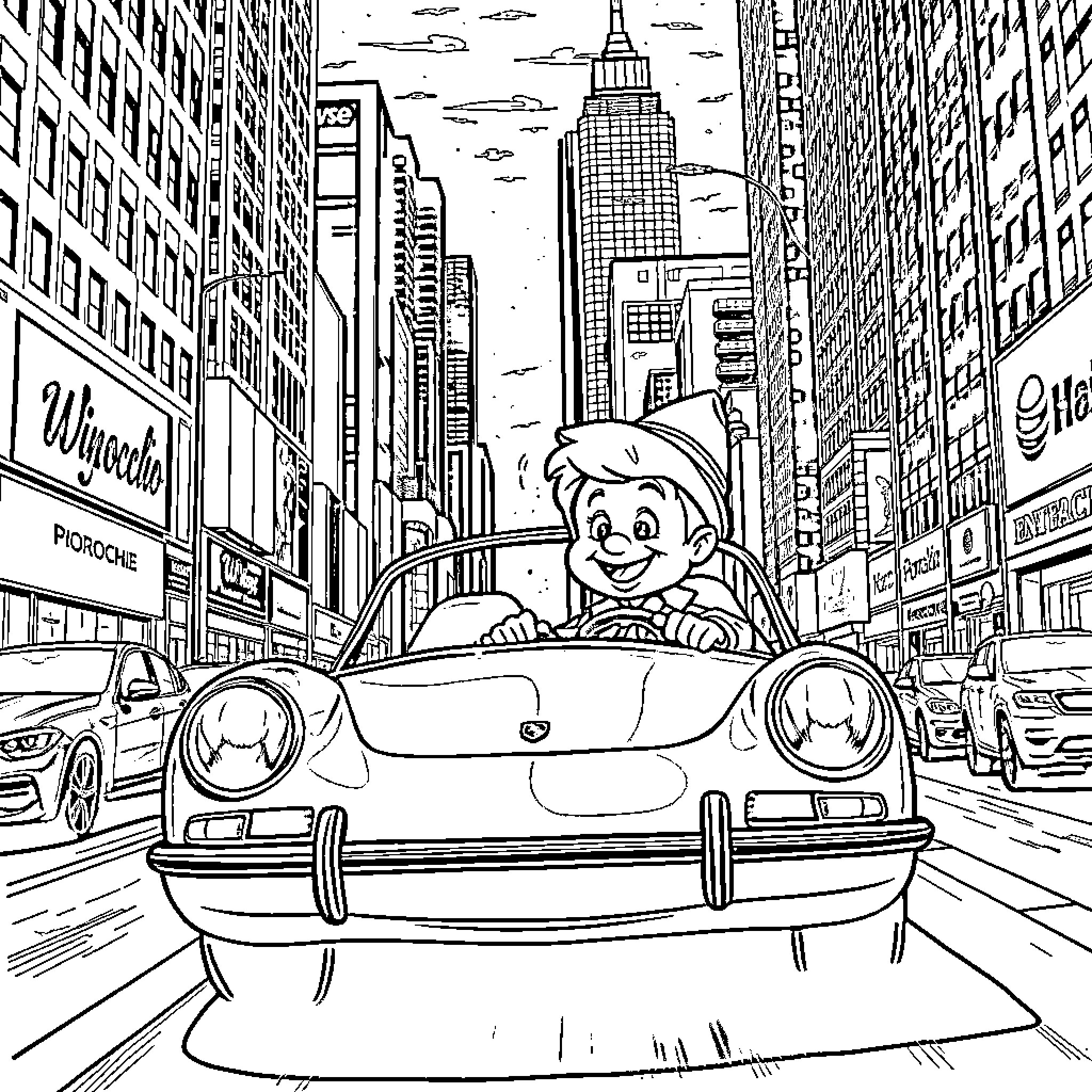 Pinocchio's Joyride Through the City Streets Coloring Page (free black-and-white line drawing printable PDF for all, from beginners to advanced learners, including children, teens, adults, and seniors)