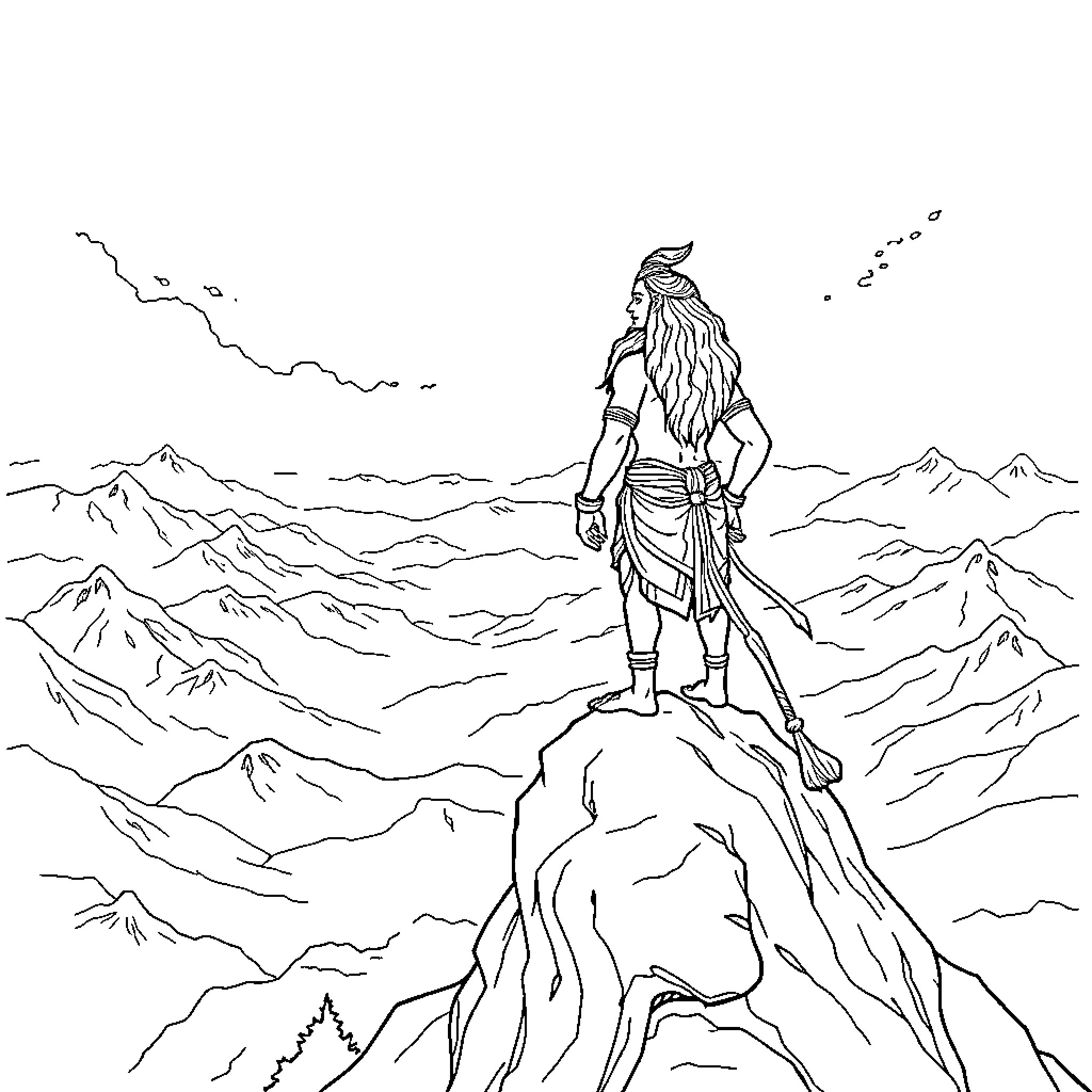 Hanuman standing atop a mountain peak Coloring Page (free black-and-white line drawing printable PDF for all, from beginners to advanced learners, including children, teens, adults, and seniors)