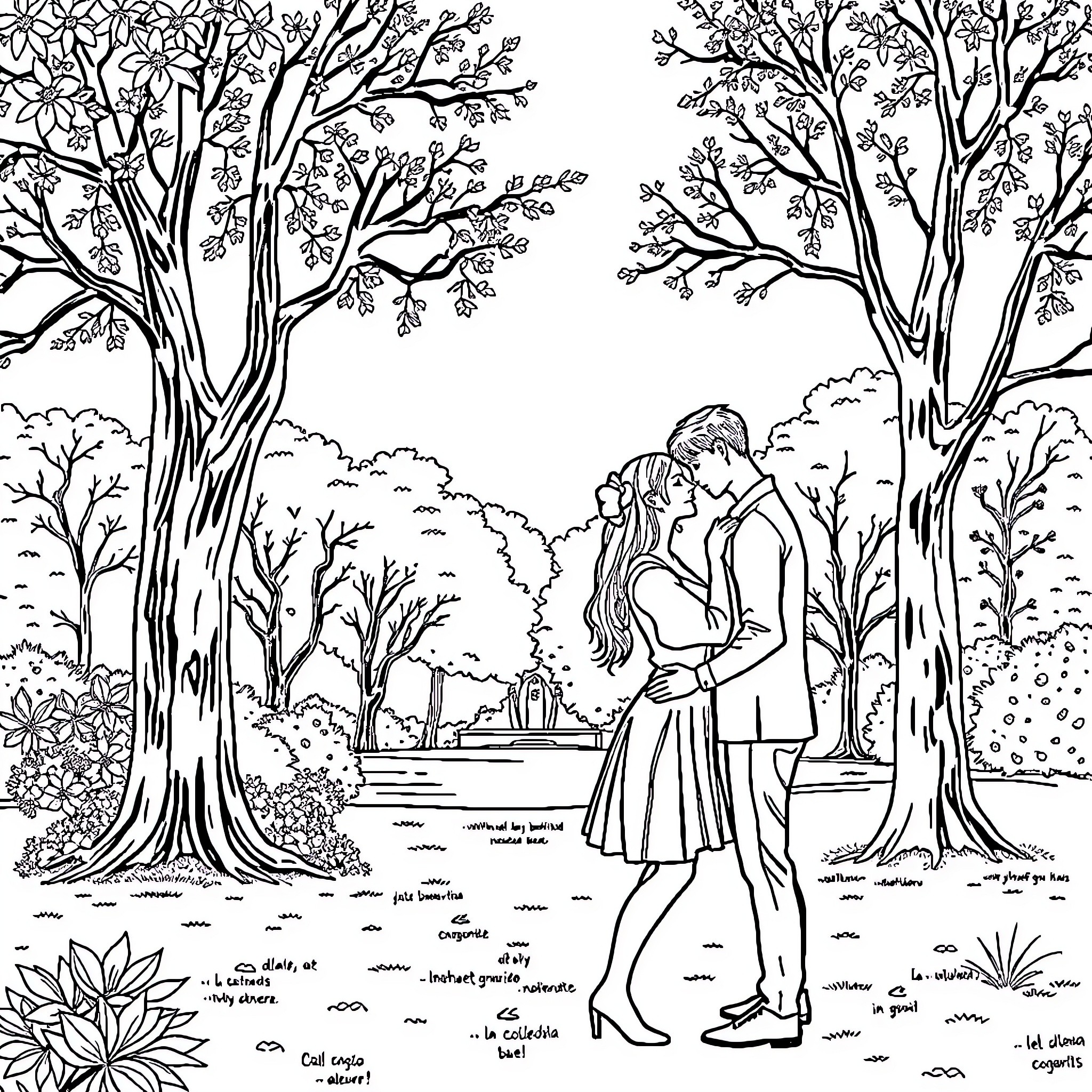 Love's Embrace in the Enchanted Forest Coloring Page (free black-and-white line drawing printable PDF for all, from beginners to advanced learners, including children, teens, adults, and seniors)