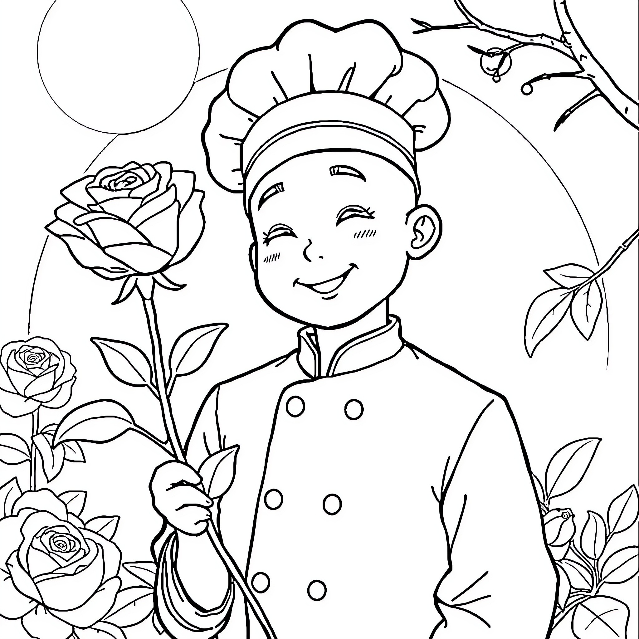 Jungcook's Floral Delight: A Chef's Cheerful Embrace Coloring Page (free black-and-white line drawing printable PDF for all, from beginners to advanced learners, including children, teens, adults, and seniors)