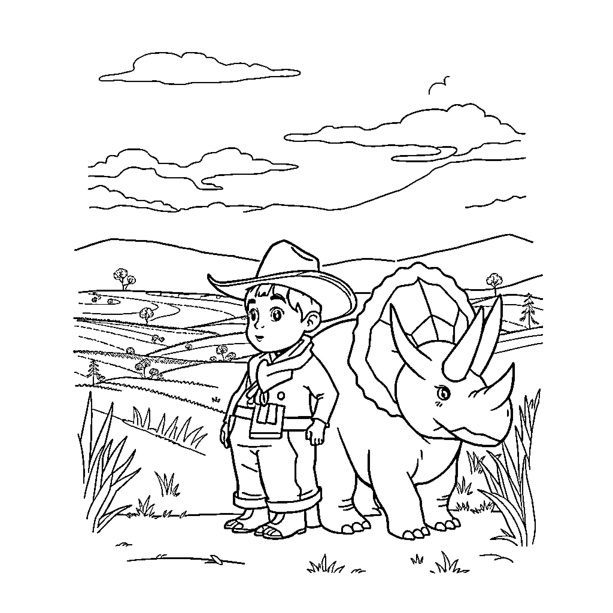 Child exploring the wilderness with a dinosaur Coloring Page (free black-and-white line drawing printable PDF for all, from beginners to advanced learners, including children, teens, adults, and seniors)