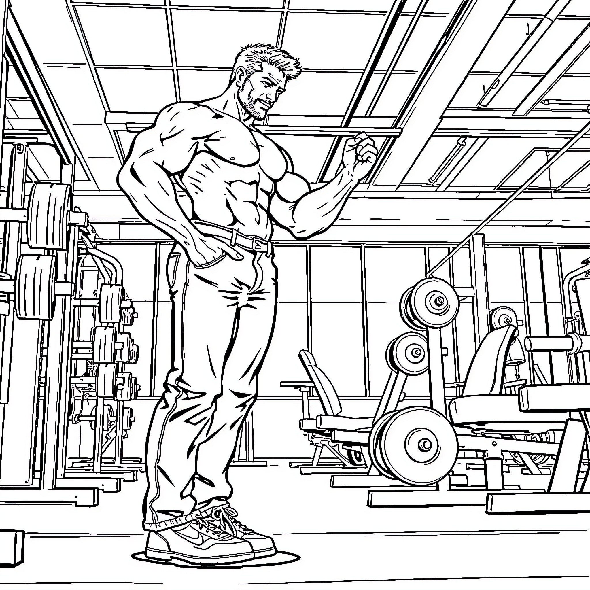 Man working out intensely in gym Coloring Page (free black-and-white line drawing printable PDF for all, from beginners to advanced learners, including children, teens, adults, and seniors)