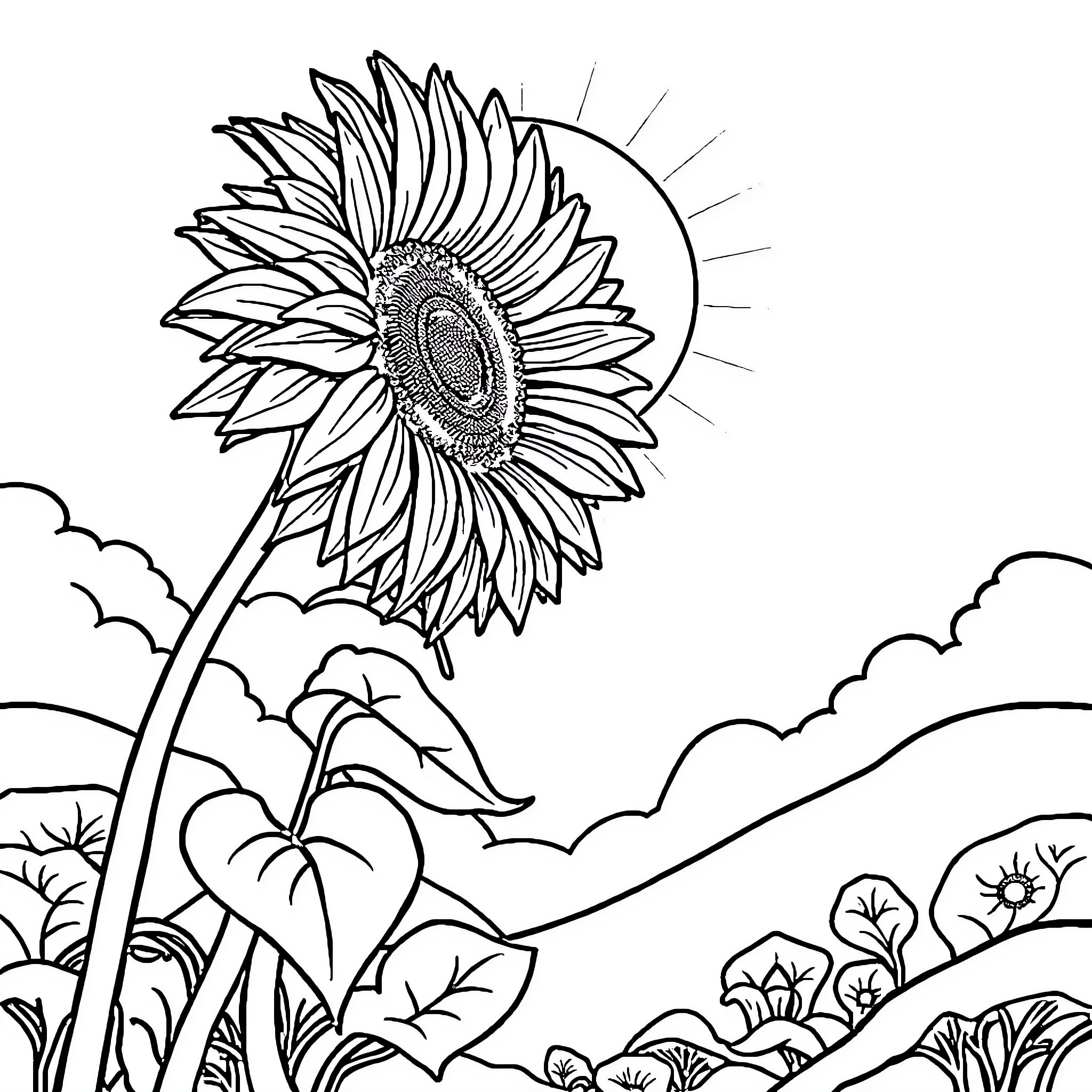 Sunflower reaching towards the sun in a scenic landscape Coloring Page (free black-and-white line drawing printable PDF for all, from beginners to advanced learners, including children, teens, adults, and seniors)