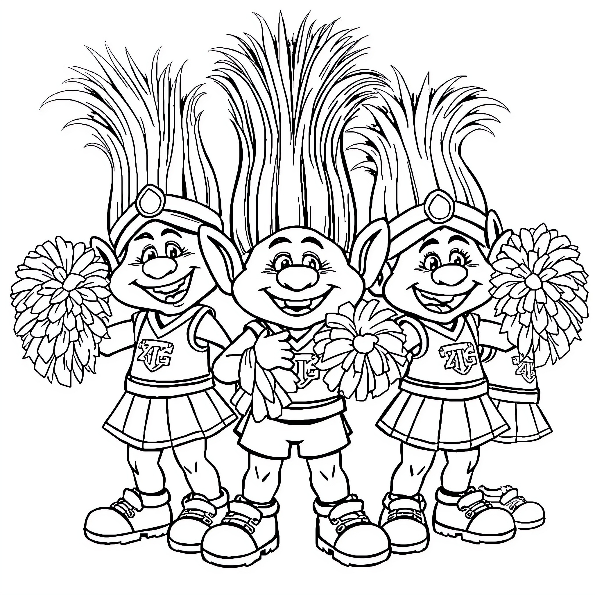 Troll Cheerleaders Celebrating Joyfully Coloring Page (free black-and-white line drawing printable PDF for all, from beginners to advanced learners, including children, teens, adults, and seniors)