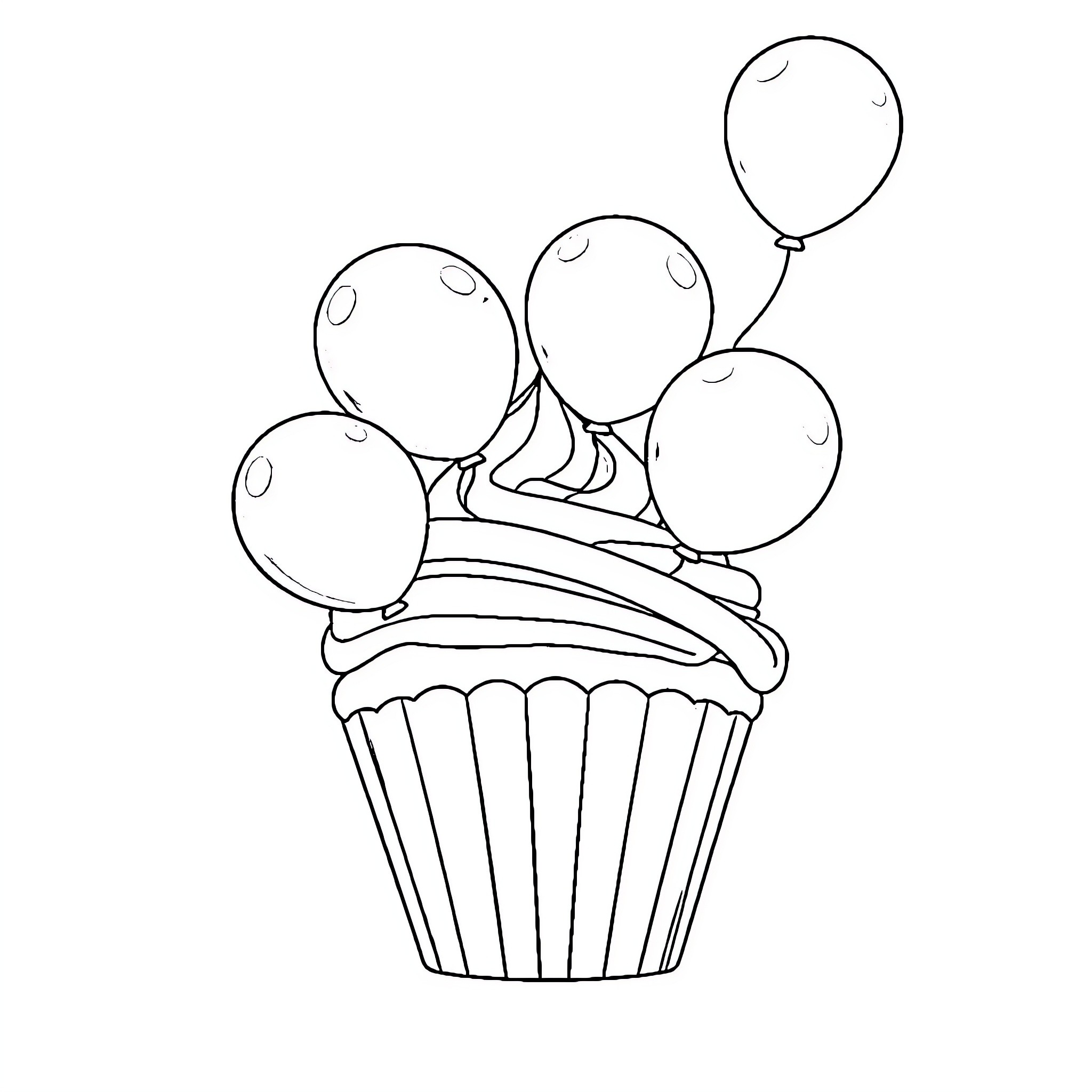 Cupcake with Floating Balloons Coloring Page (free black-and-white line drawing printable PDF for all, from beginners to advanced learners, including children, teens, adults, and seniors)