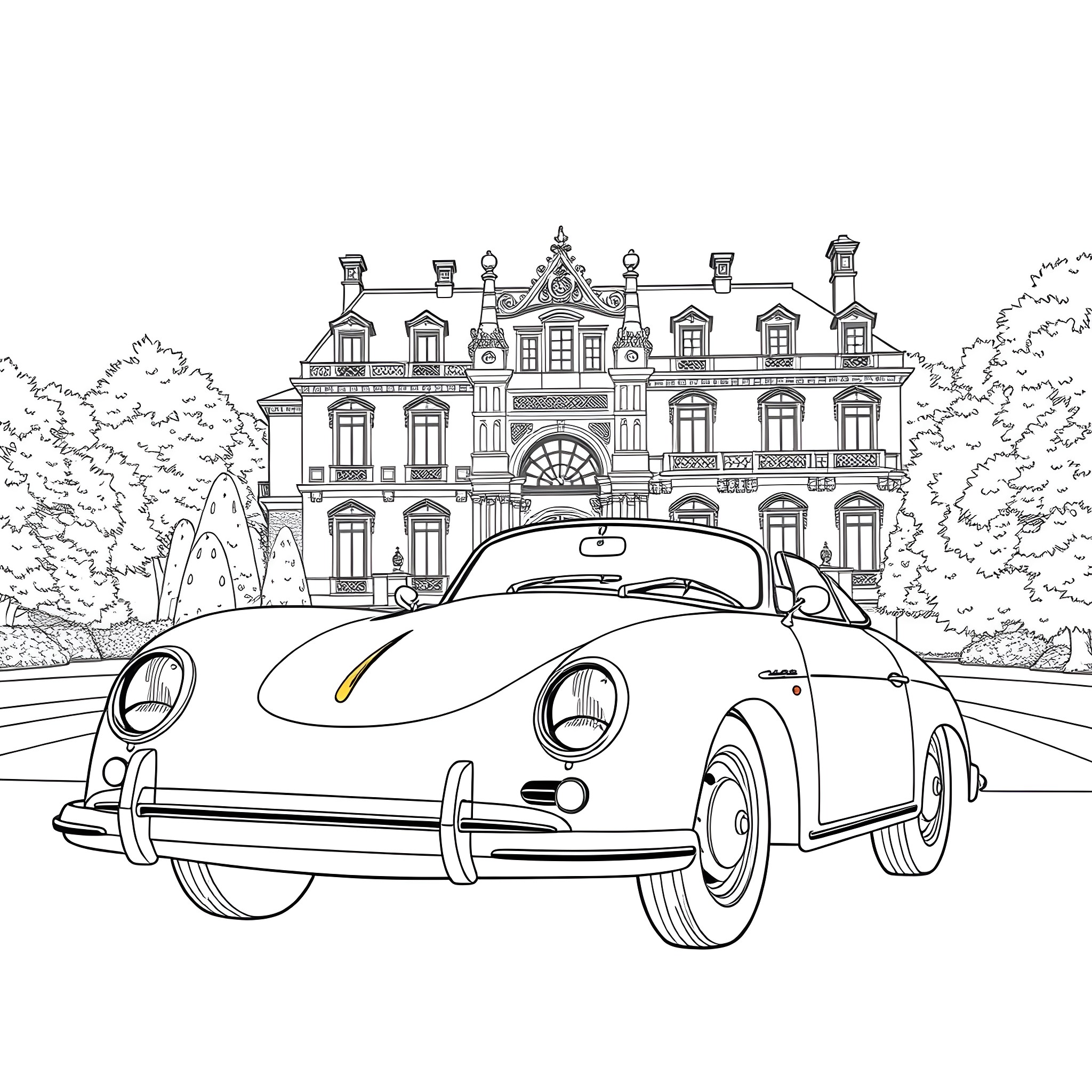 Porsche classic car parked in front of a grand manor Coloring Page (free black-and-white line drawing printable PDF for all, from beginners to advanced learners, including children, teens, adults, and seniors)
