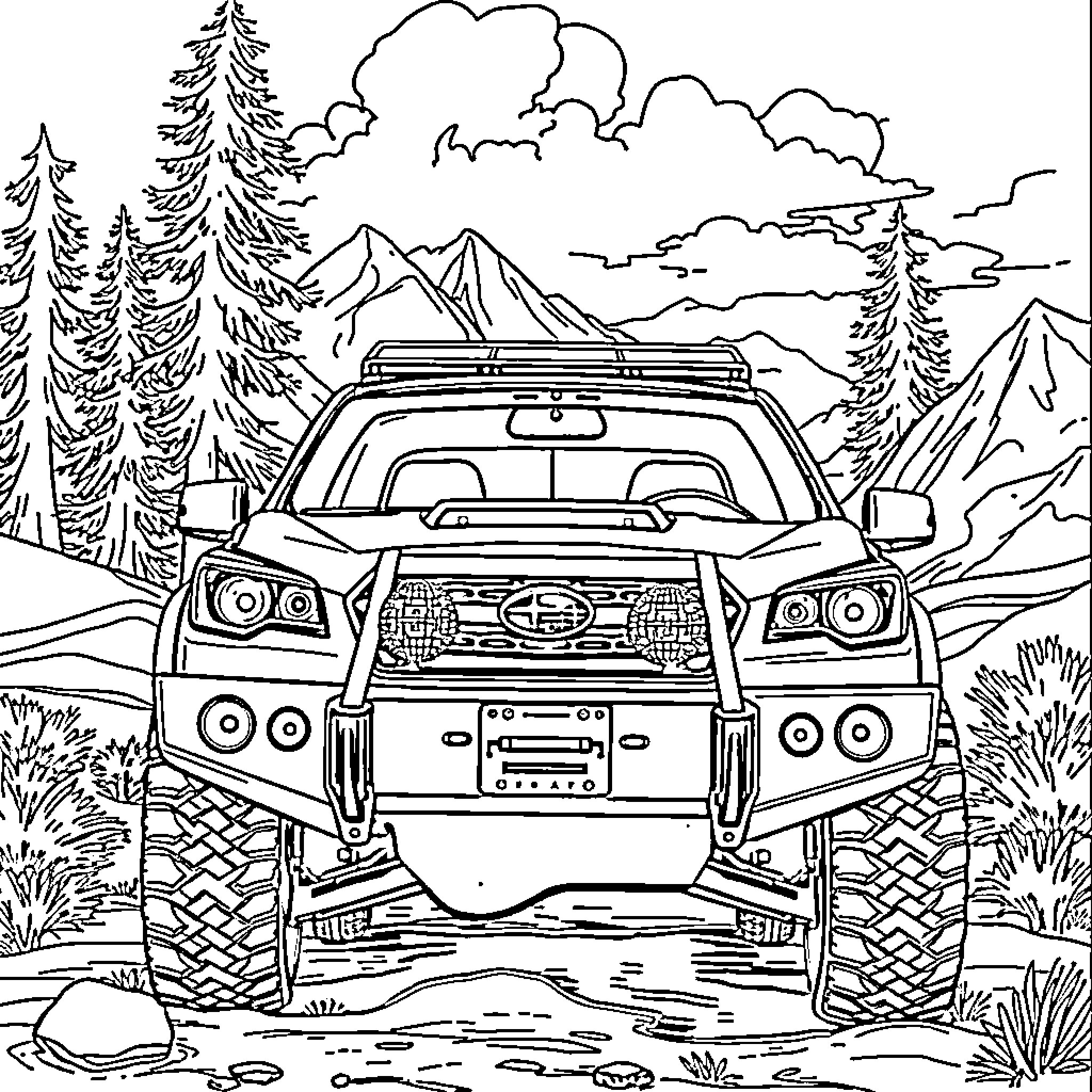 Subaru off-road adventure in rugged wilderness Coloring Page (free black-and-white line drawing printable PDF for all, from beginners to advanced learners, including children, teens, adults, and seniors)